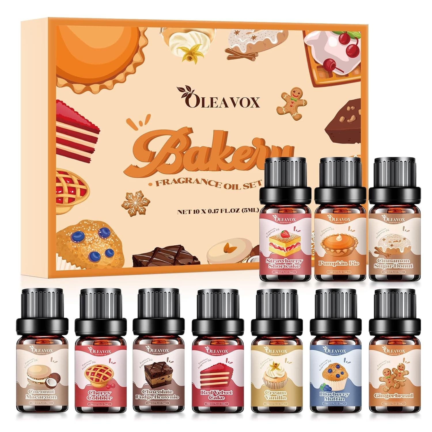 Bakery Essential Oils Set, Fragrance Oil for Diffuser | Fall Candle Scents for Candle & Soap Making, Pumpkin Pie, Cream Vanilla, Gingerbread,Cinnamon Sugar Donut, Cake More 10x5ml