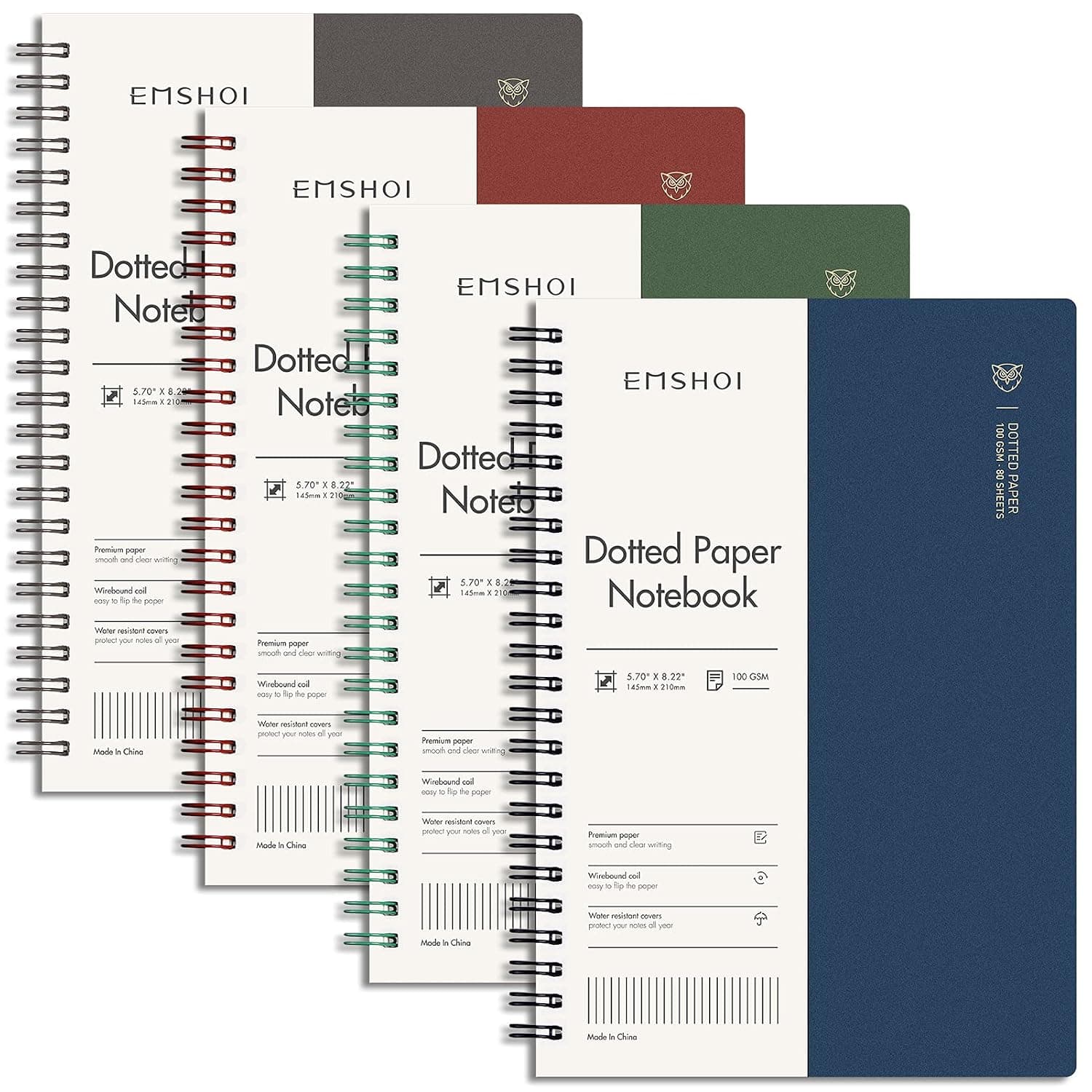 EMSHOI Dotted Journal Spiral Notebook 5.7" x 8.22" - 4 Pack 640 Pages 100gsm Thick Paper, A5 Dot Grid Notebook, Plastic Hardcover Bullet Notebooks Journals for Writing Women Men Work School Supplies