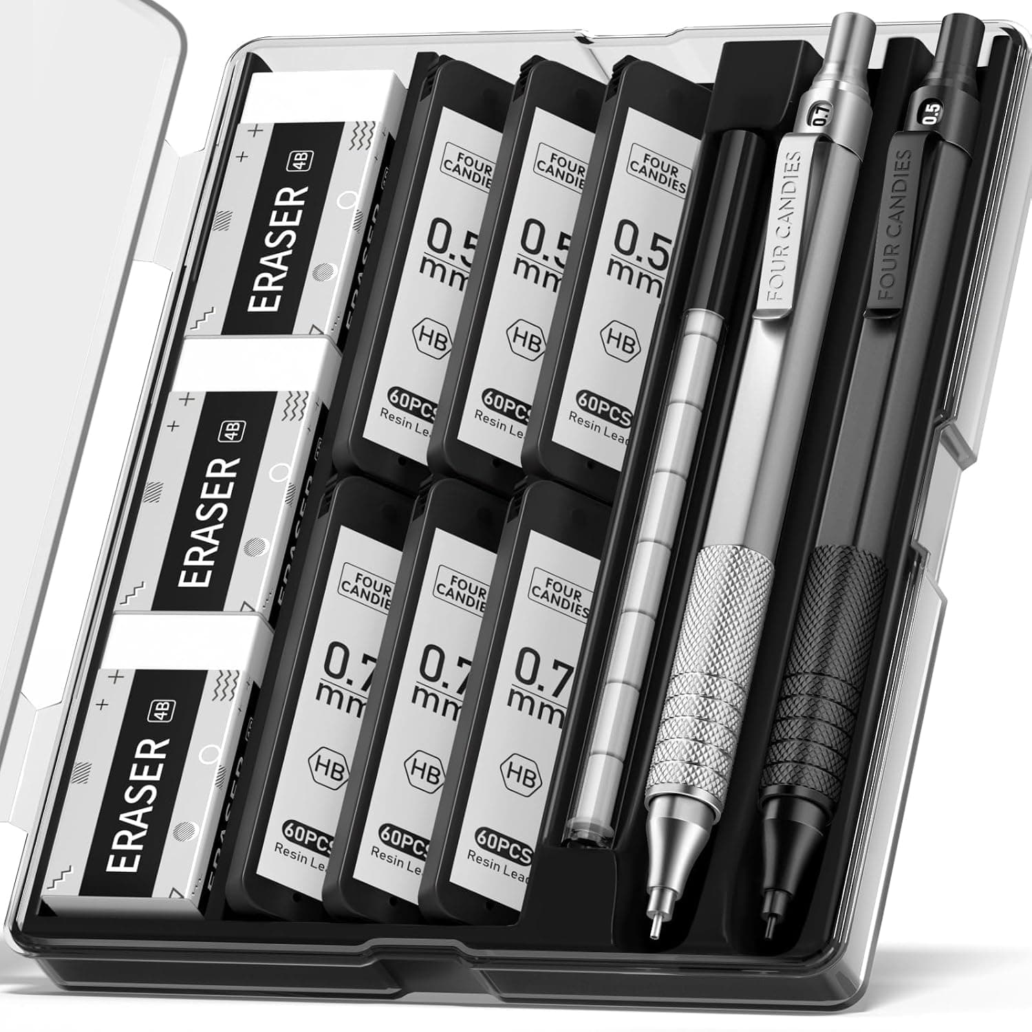 Four Candies 2PCS Metal Mechanical Pencils Set with Case, 0.5mm & 0.7 mm Artist Pencil with 6 Tubes (360PCS) HB Lead Refills, 3 Erasers,9 Eraser Refills For Writing Drafting, Drawing, Black&Sliver