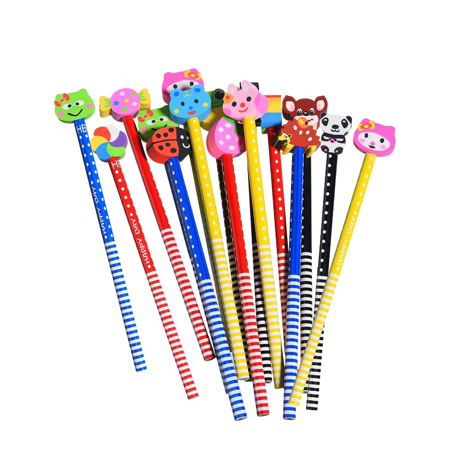 15 Pcs Fun Colorful Striped Pencils with Assorted Fruit Animal Eraser Toppers for Kids, School & Office Stationery Supplies, Party Favors & Gift Set