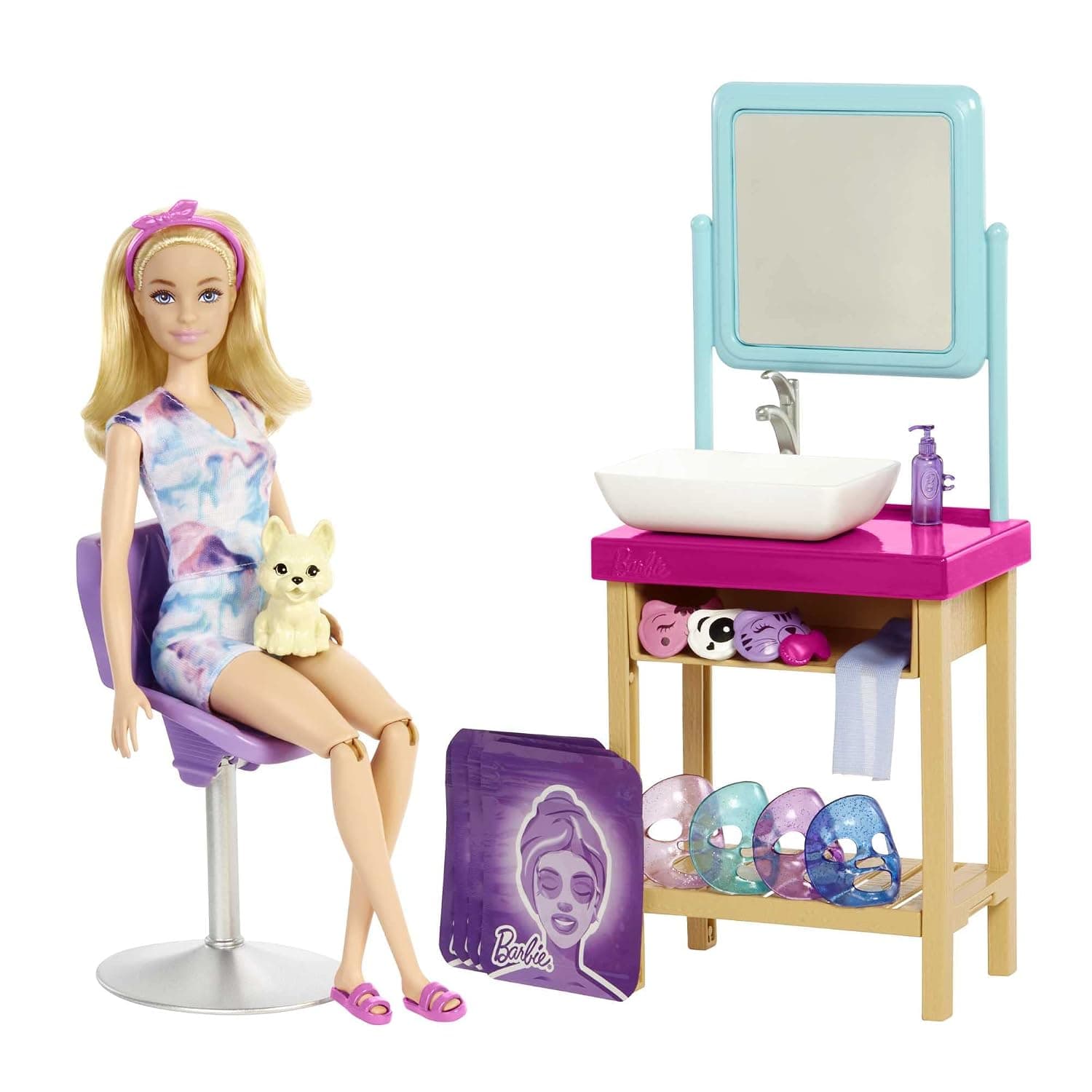 Barbie Sparkle Mask Spa Day Playset, Blonde Barbie Doll, 7 Spa Masks, Sink, Mirror, Chair For A Total Of 15+ Accessories, Great Gift For Kids 3 To 7 Years Old