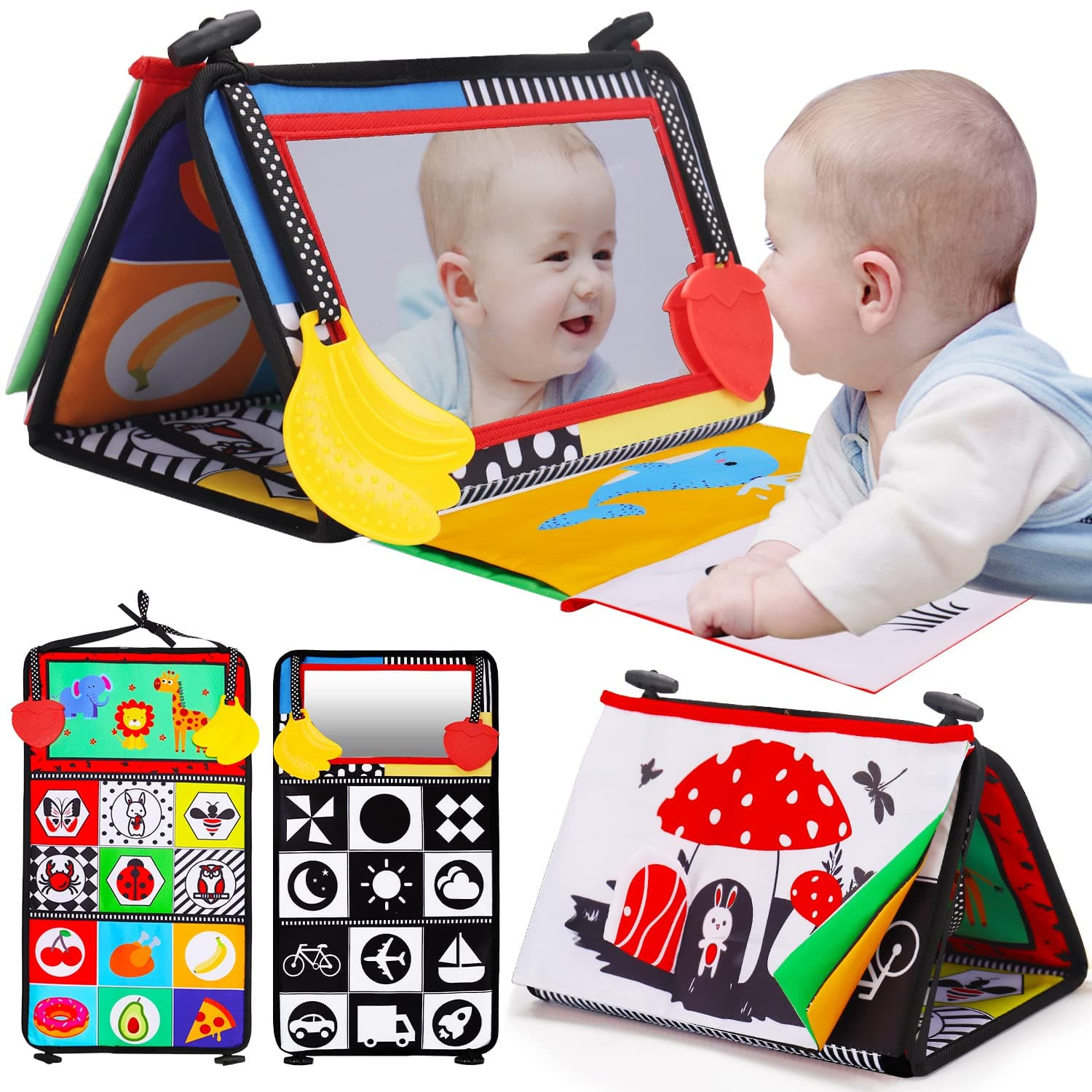 Tummy Time Baby Mirror Infant Toys Newborn Toys 0 3 Months Brain Development with Crinkle Cloth Book and Teether Black and White High Contrast Baby Toys 4 6 9 12 Month Boys Girls Crawling Sensory Toy