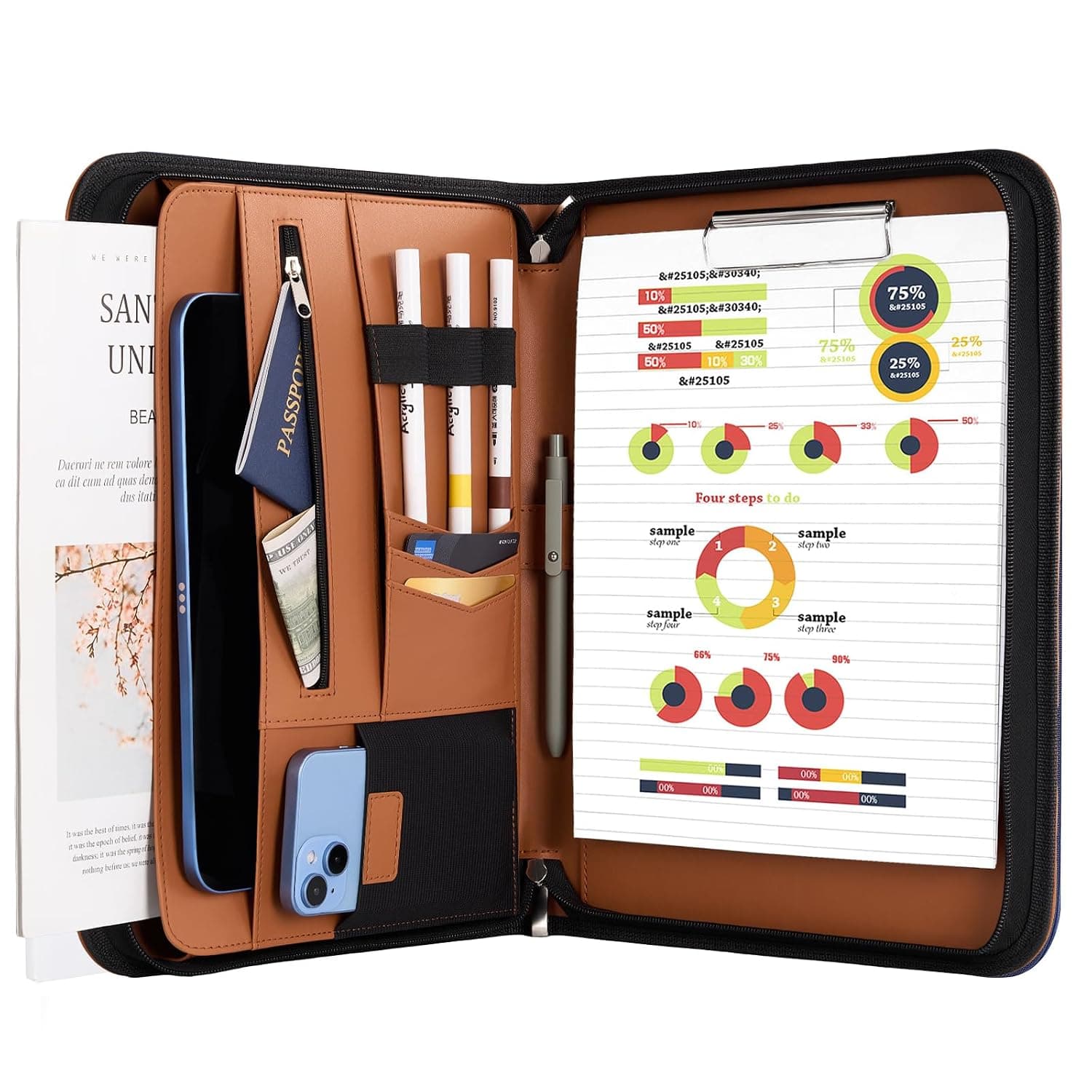 ProCase Portfolio Business Padfolio Folder with Zipper, Conference Meeting Executive File Legal Document Organizer with Pockets Letter Size A4 Writing Pad Notepad Padfolio Father's Day -Tan