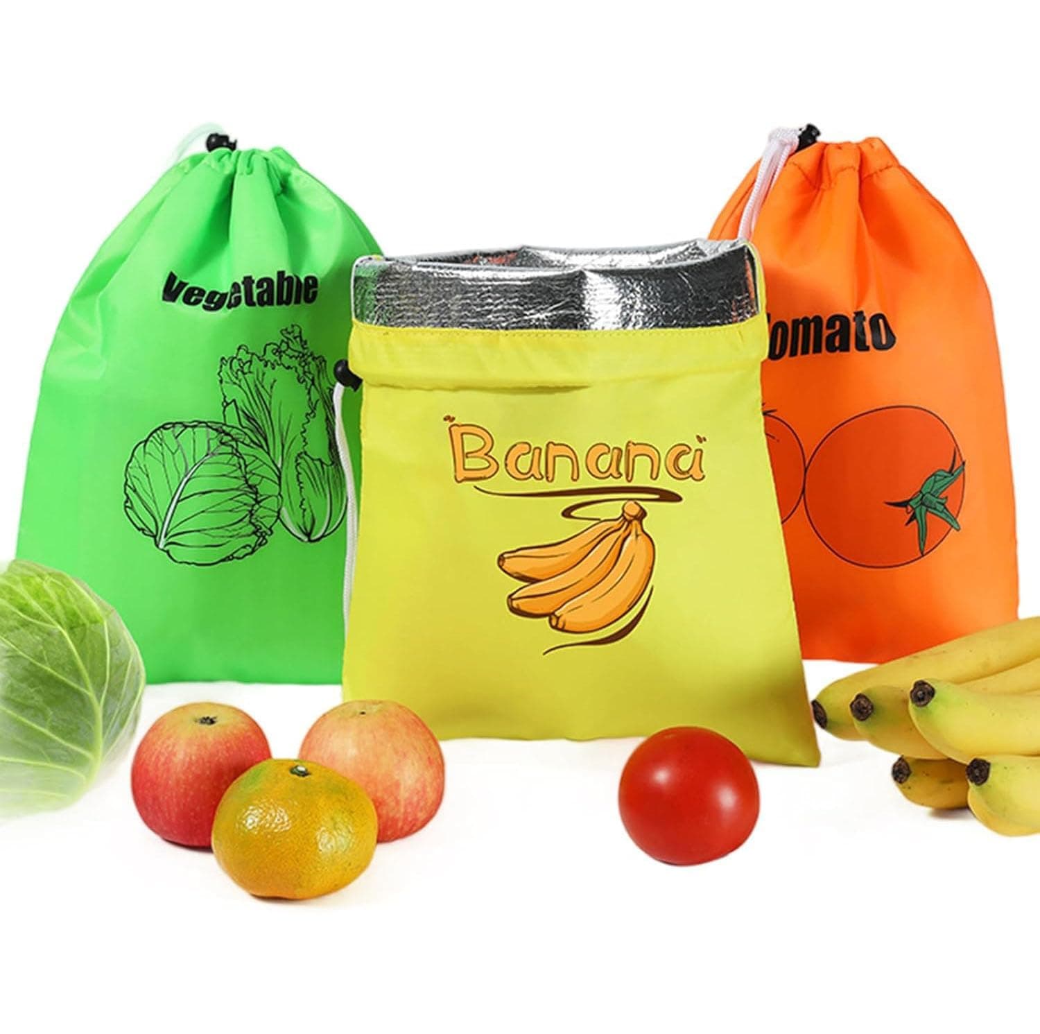 اكياس تخزين الفواكه من ابوتو، 3 قطع اكياس تخزين الموز قابلة لاعادة الاستخدام مع رباط للثلاجة، اكياس حفظ الخضروات طازجة مع بطانة من الرقائق المعدنية للفواكه والخضروات والطماطم وحماية طازجة