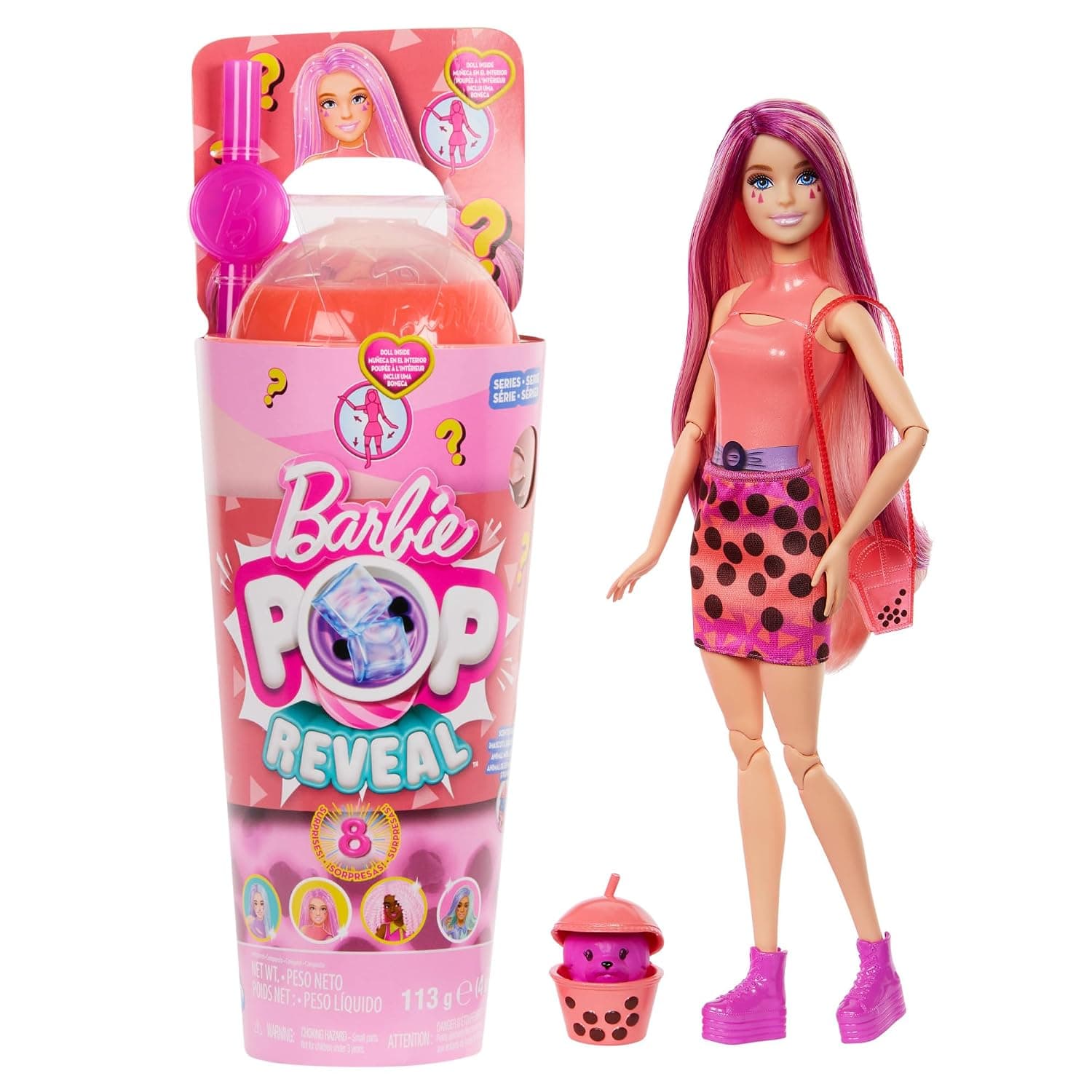 Barbie Pop Reveal Bubble Tea Series Doll and Accessories, Scented Mango Mochi Fashion Doll with Pet, 8 Surprises Including Colour Changing Cup, Storage Cup, HTJ22