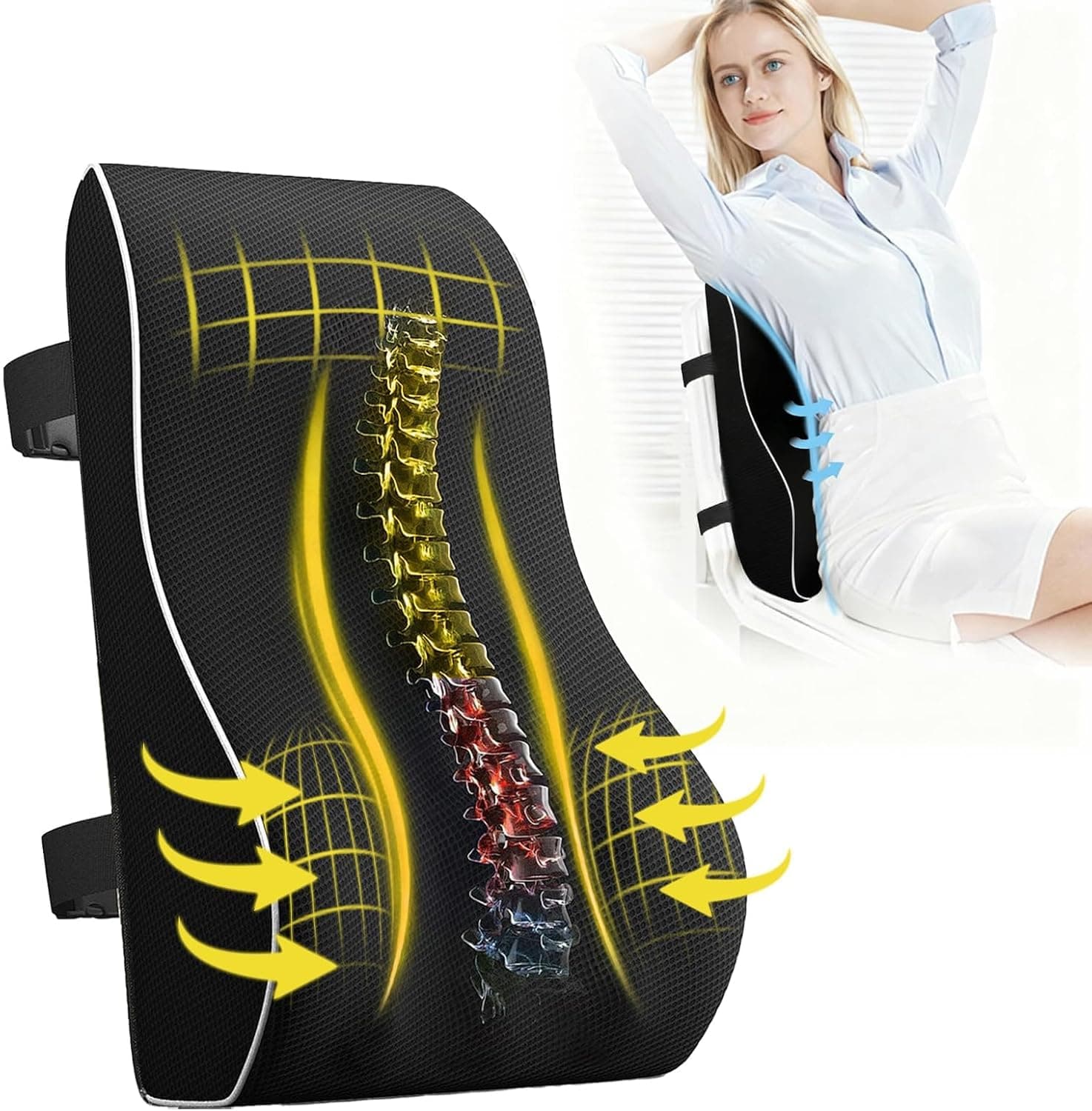 SKY-TOUCH Ergonomic Lumbar Support Cushion, Memory Foam Back Support Cushion Lumbar Support for Office Chair, Car Seat, Recliner, with Extension Strap and Mesh Cover, Christmas Early, 45x40x13cm