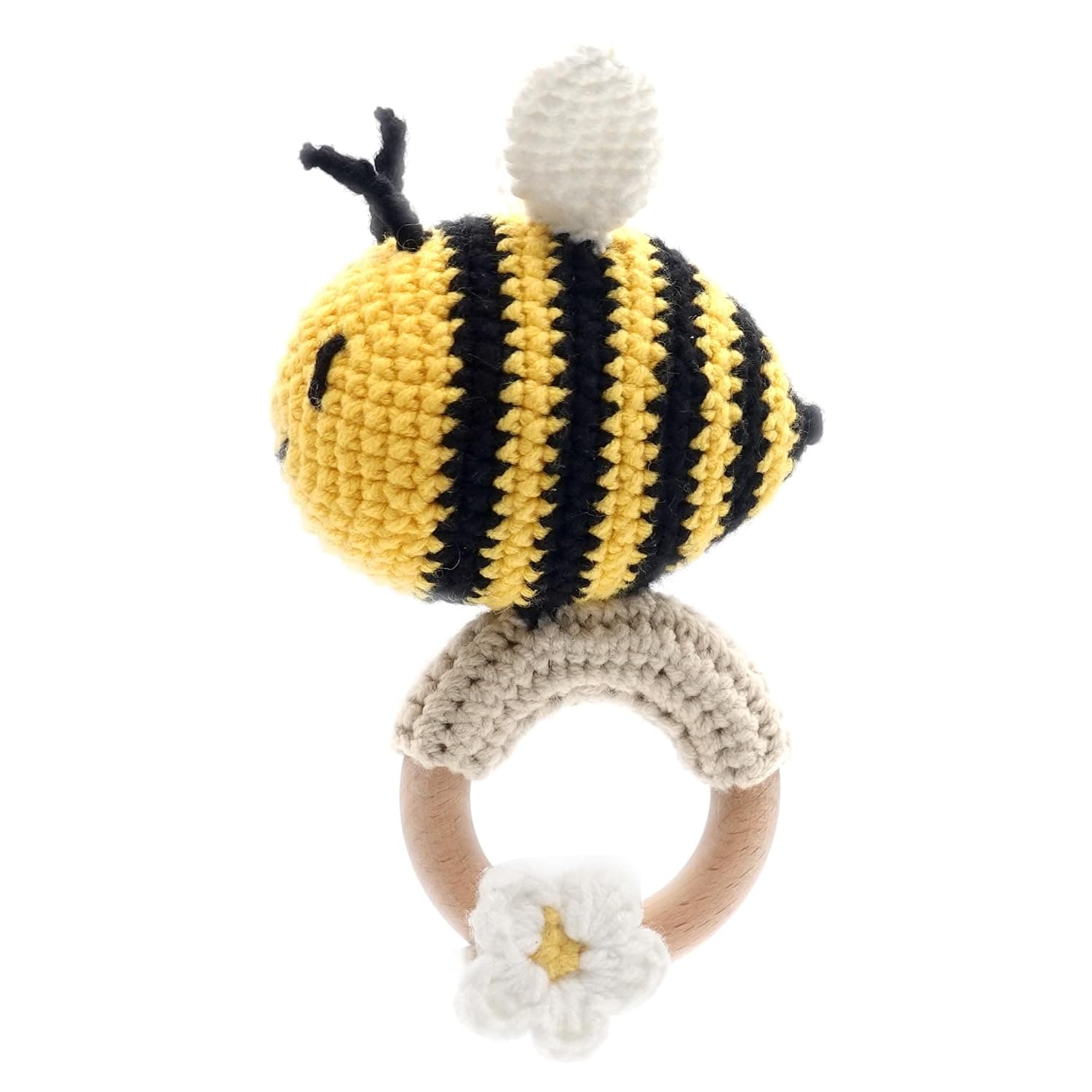 DICHA Baby Rattle Crochet Wooden Rattle Infant Rattle Sensory Development Wooden Toy Set Bee