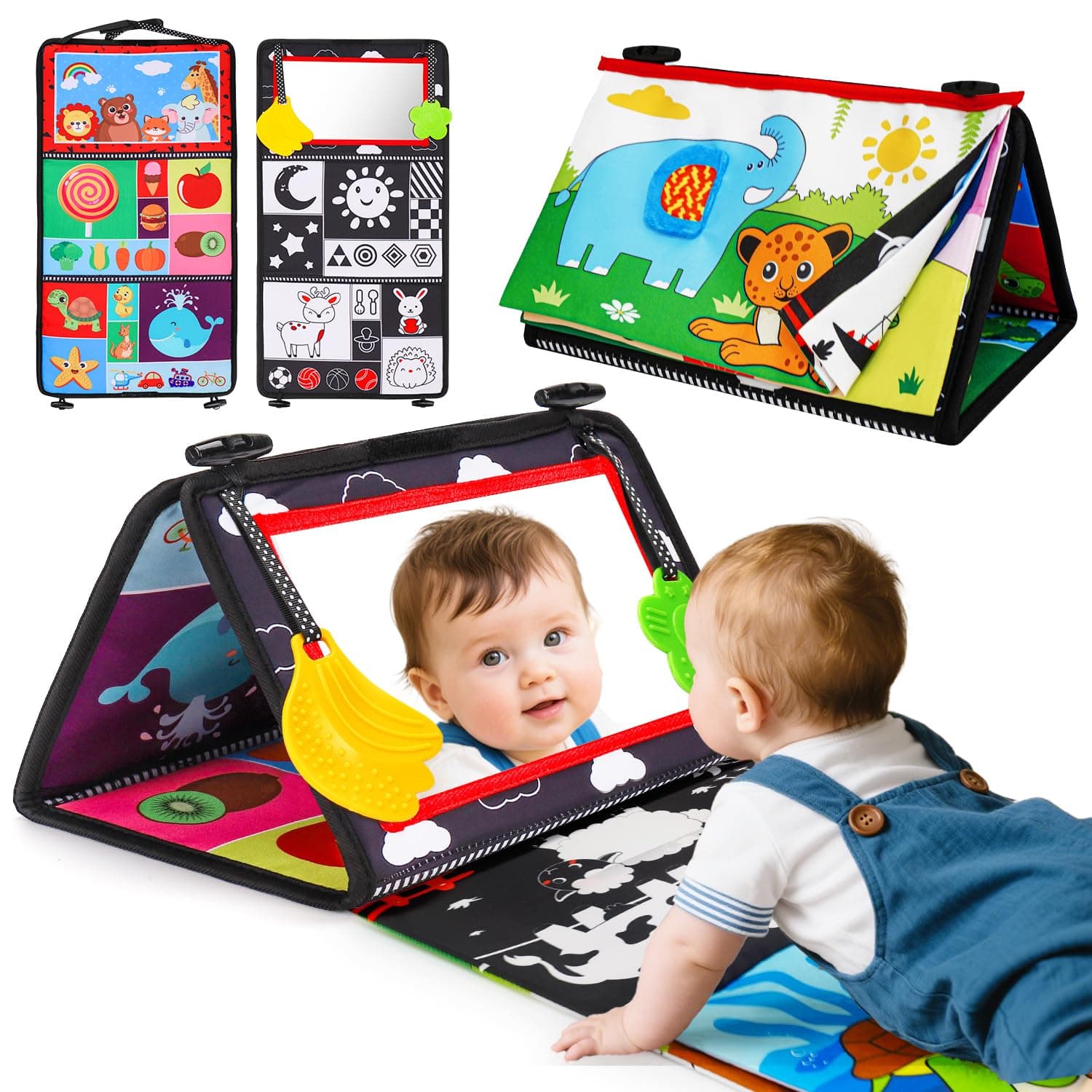 Baby Mirror Tummy Time Toys 0-6 Months with Crinkle Cloth Books Infant High Contrast Newborn Sensory Black and White Toy for 0-3 4 5 6 Months Must Haves Babies 3-6 6-12 Month Boys Girls Shower Gifts