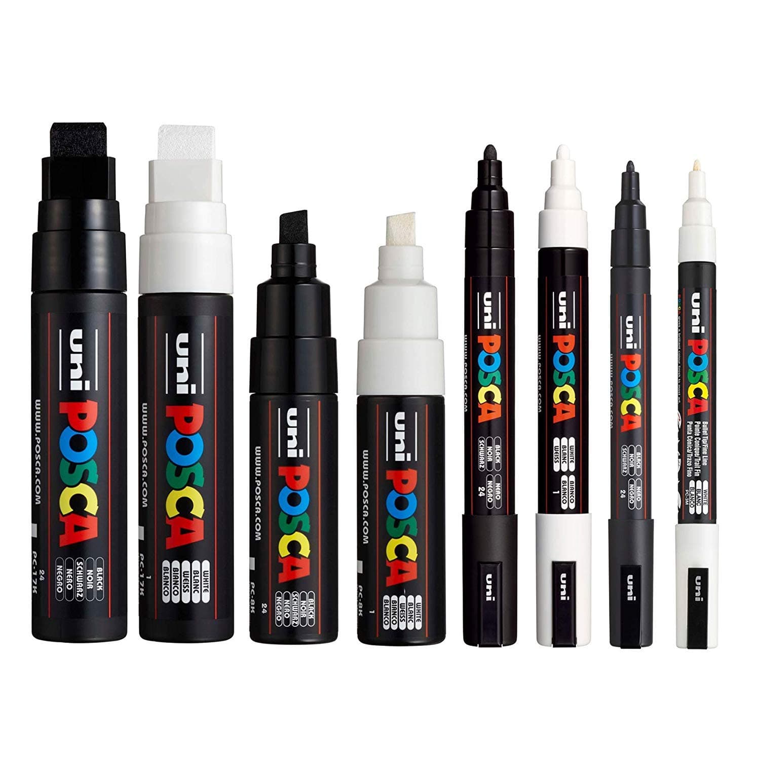 POSCA Pack of 8 pens (PC-17K, PC-8K, PC-5M, PC-3M) Black and White Medium to Large