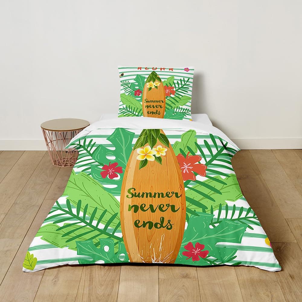 FANSU Beach Surfboard Duvet Cover Set Kids Bedding 2 Pieces Single Size Lightweight Microfiber Soft Easy Care Children Duvet Cover with Matching Pillowcase (135x200cm,Summer Tropical)