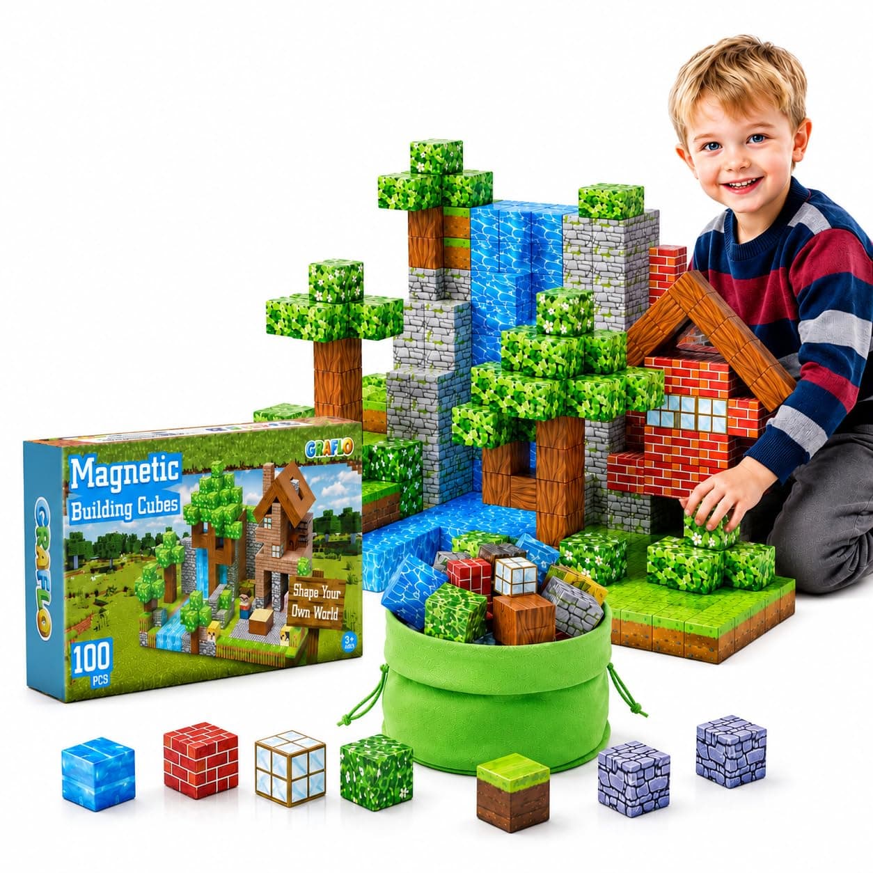 GRAFLO Magnetic Blocks - 100PCS Magnets Cubes, Magnetic Building Blocks STEM Montessori Sensory Toys for 3-8 Years Old Boys Girls Birthday for Kids