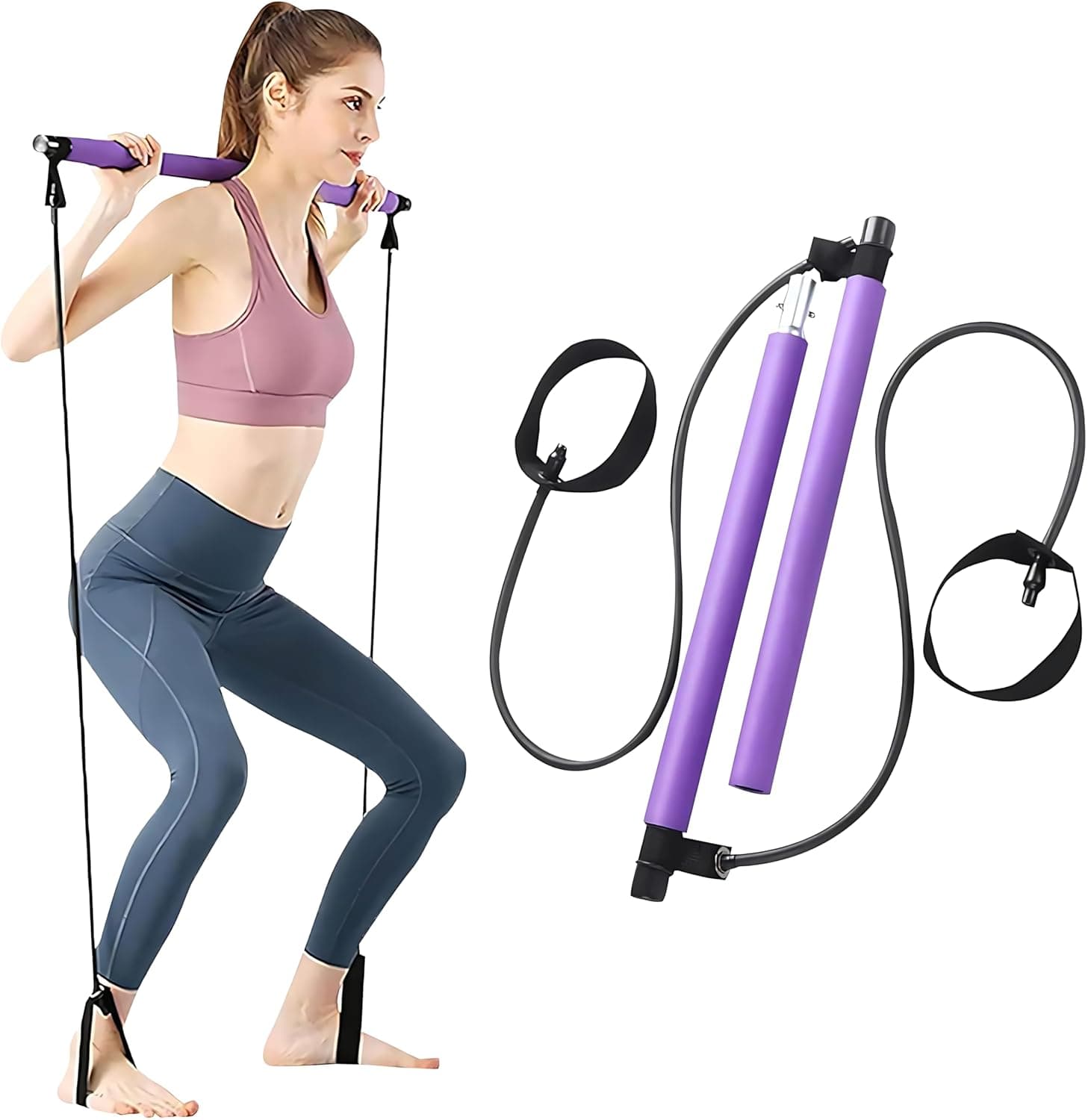 Fitness Pro Multifunctional Pilates Bar – Portable Home Yoga Resistance Stick with Non-Slip Foot Loop & Latex Elastic Rope, Full Body Workout for Slimming & Shaping
