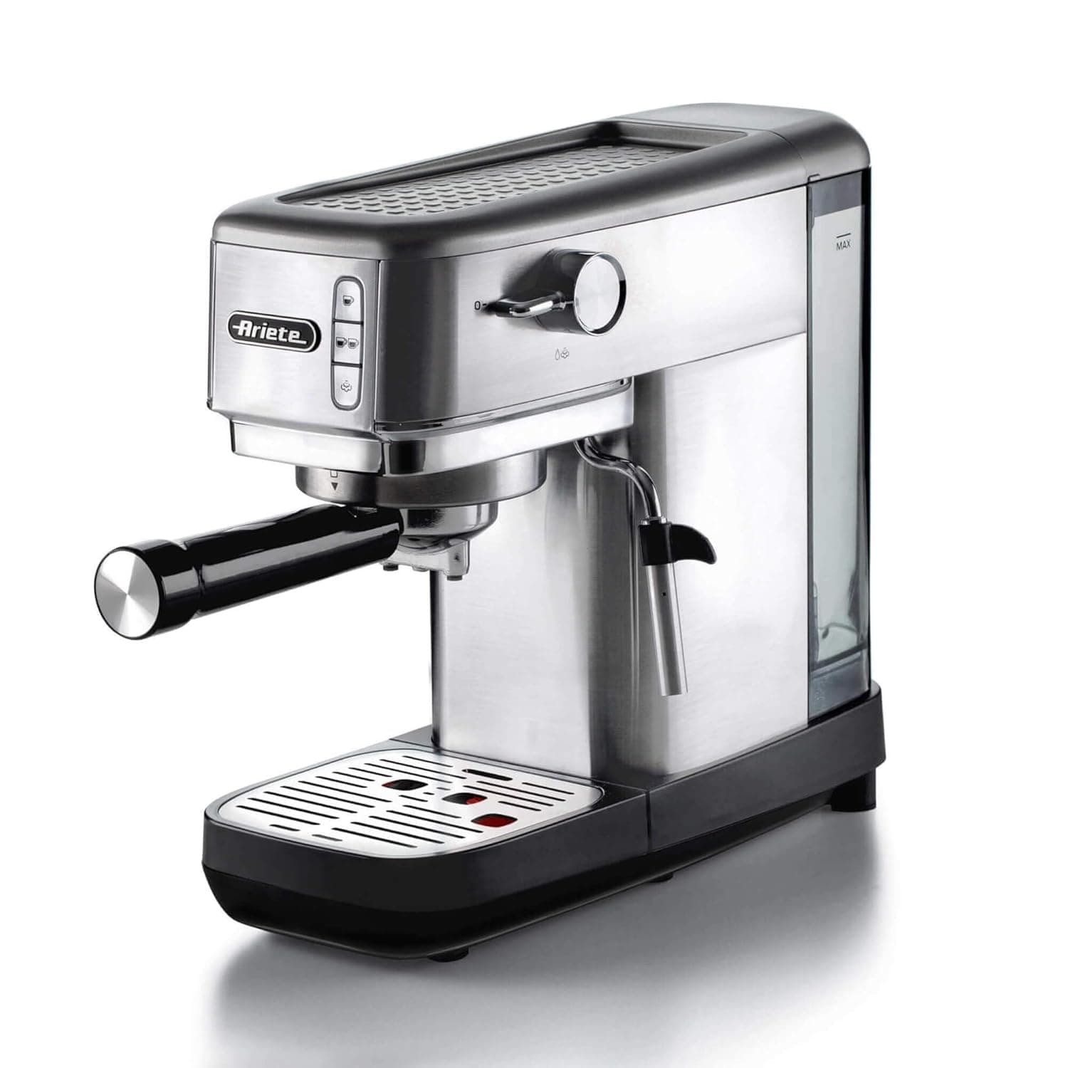 Ariete 1380 Espresso Coffee Machine M138010ARAS, 1300W, 1.1L Capacity, Cup Warmer, Milk Frother, Ground Coffee & ESE Pod Compatible, Semi-Automatic Compact Metal Design, Silver