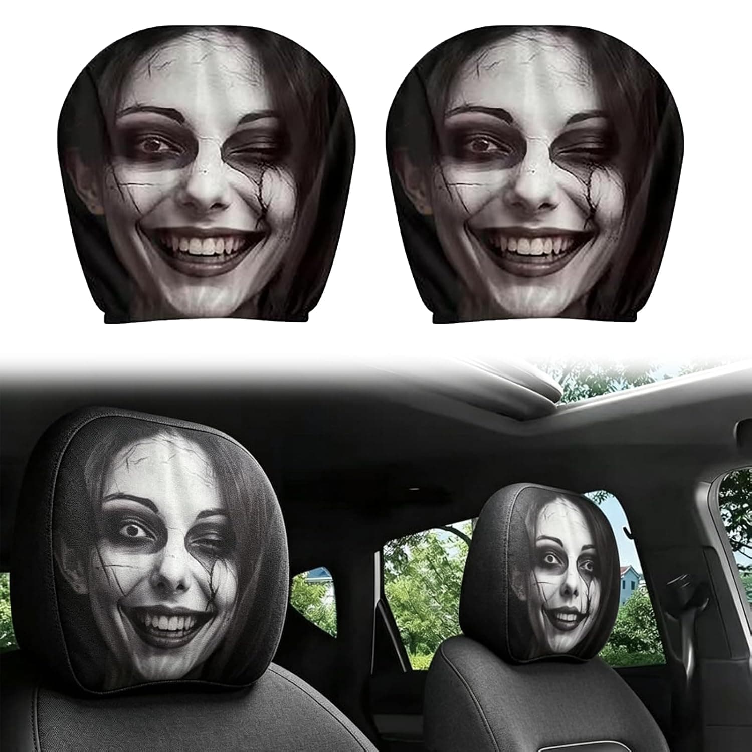 Ghost Face Car Headrest Covers, 2PCS Scary Face Head Rest Covers Car | Halloween Spooky Funny Face Car Headrest Covers, Washable Car Seat Head Rest Cover, Elastic Auto Seat Headrest Protector