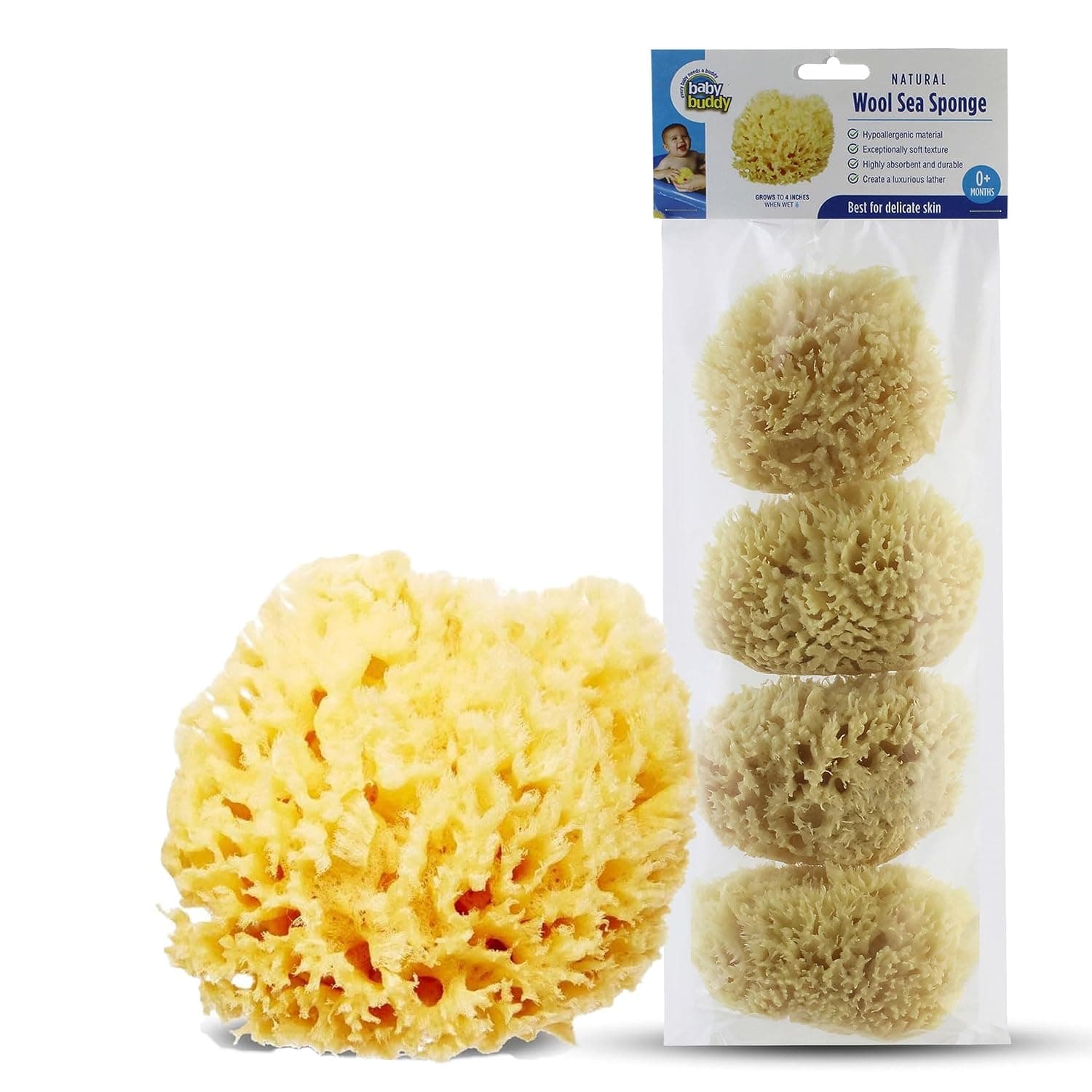 Baby Buddy Absorbent Natural Bath Sponge, Ultra Soft Premium Sea Wool Sponge, Soft on Baby’s Tender Skin, Bath Accessories Baby and Kids, Infant Bath, Biodegradable, Hypoallergenic 4 Pack, Brown, 4in
