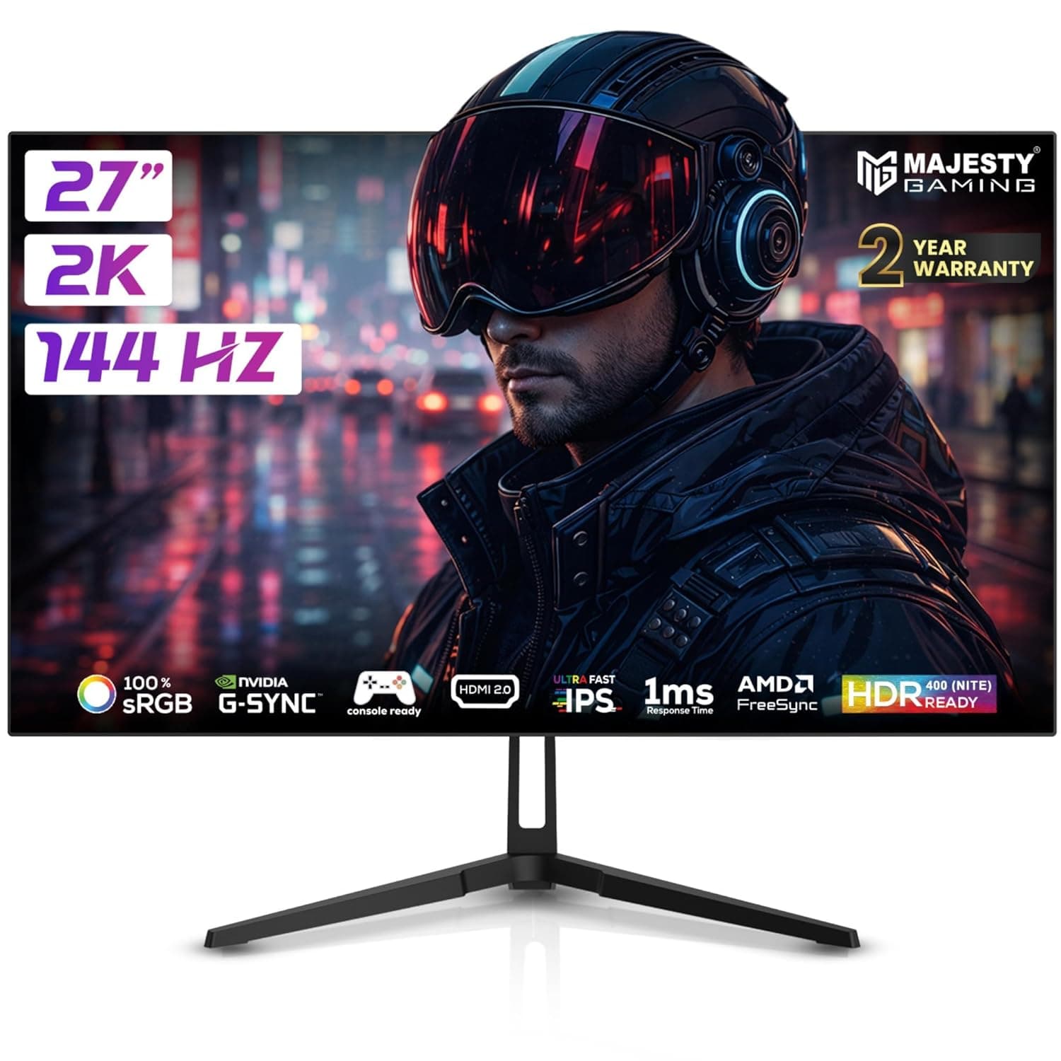 Majesty 27" 2K QHD Gaming Monitor | FAST IPS | 144Hz | 1ms | HDR400 Ready | 100% sRGB | 10-Bit | G-SYNC & FreeSync | HDMI & DisplayPort | VESA | Built-in Speakers | RGB Lighting | Flexible Stand