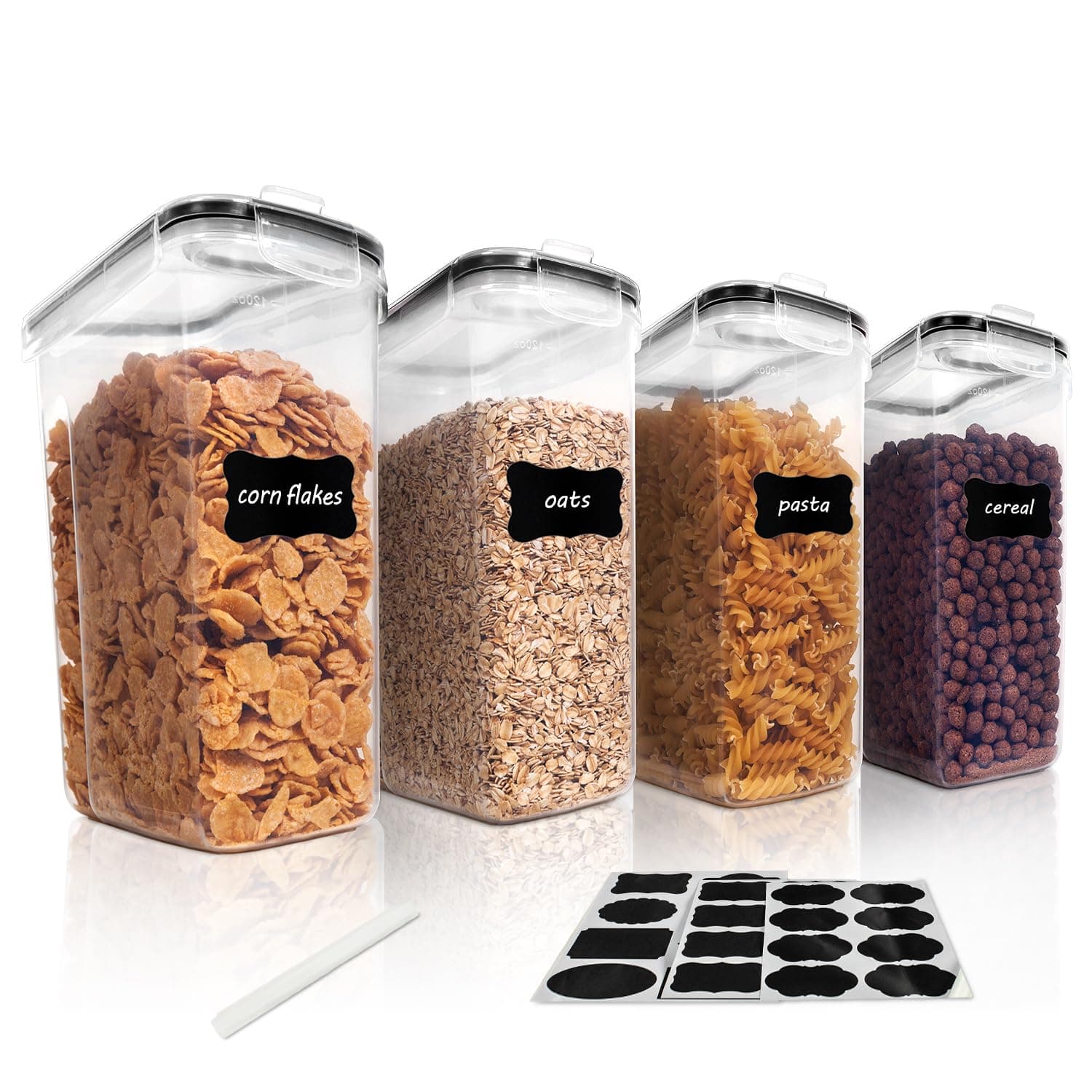 Vtopmart 4-Pack Plastic Food Containers Set, 4L/135.2oz with Lids | BPA-Free Airtight kitchen Storage Containers for Flour, Cereal, Rice, Snacks, Sugar, with 24 Chalkboard Labels, Black