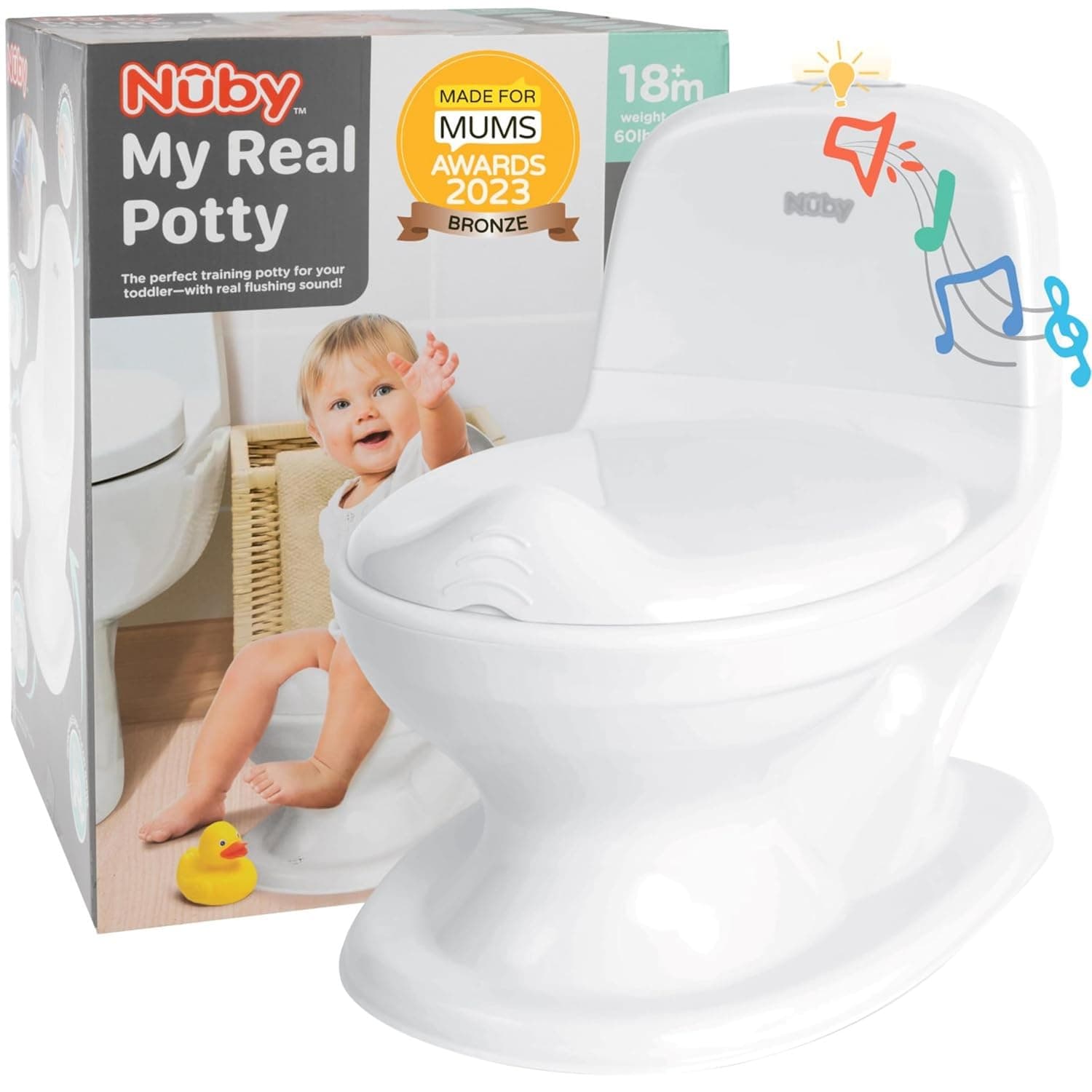 Nuby My Real Potty Training Toilet with Life-Like Flush Button & Sound for Toddlers & Kids, White | White