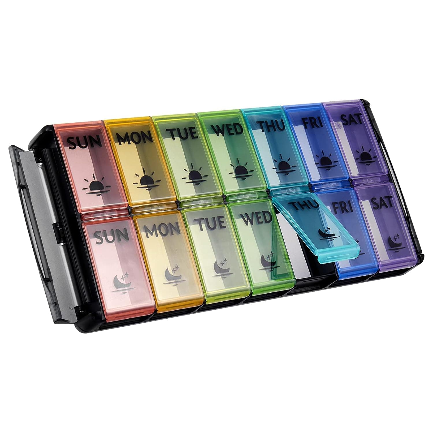 Extra Large Pill Organizer 2 Times a Day, FGcase Easy Fill AM PM Pill Box, Large Capacity Quick-Refill 7 Day Pill Cases for Pills/Vitamin/Fish Oil/Supplements Rainbow Black