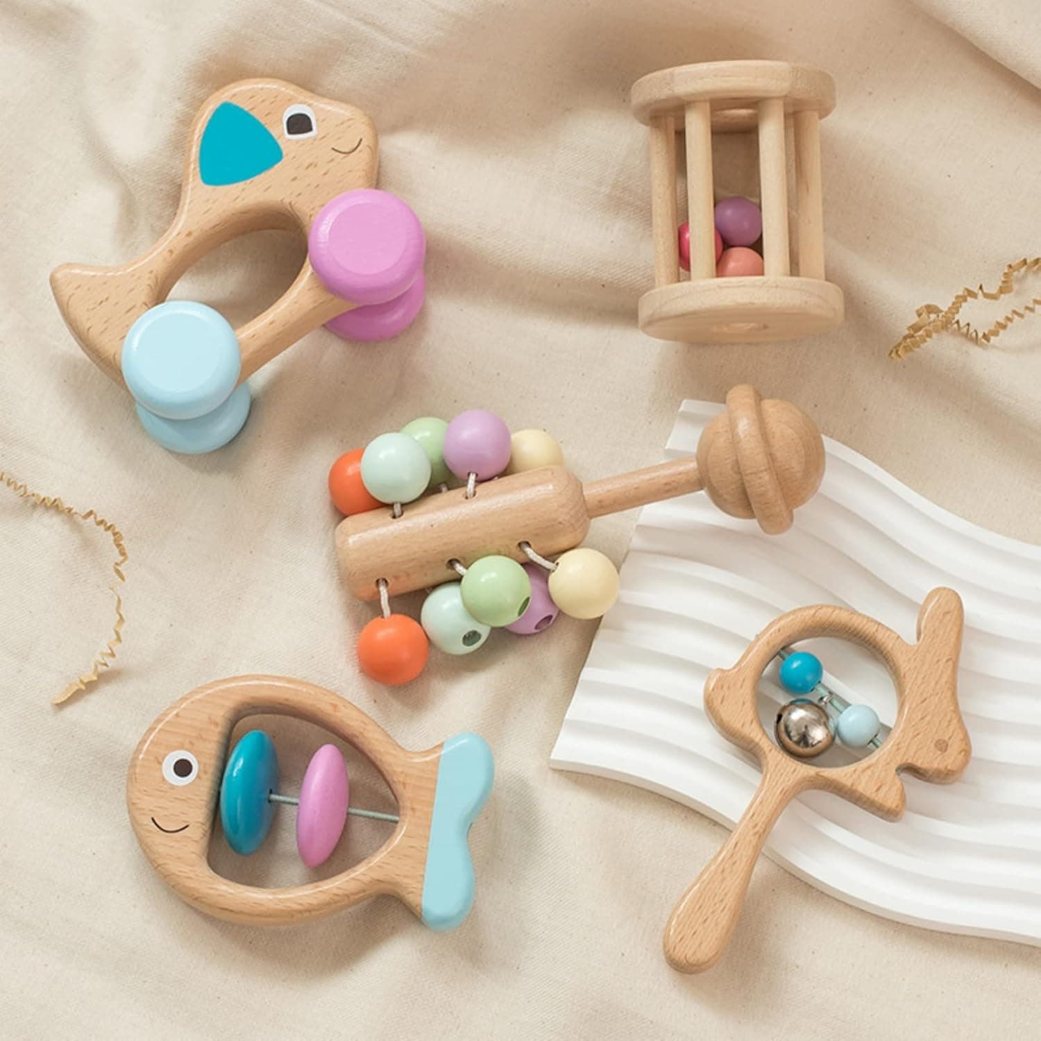 AM ANNA Wooden Rattle for Baby 0-6 months,5 Pcs Wooden Baby Rattle Toy with Bells,Rolling Rattles,Montessori Wood Baby Dog for Newborns Infant Boys and Girls Gifts