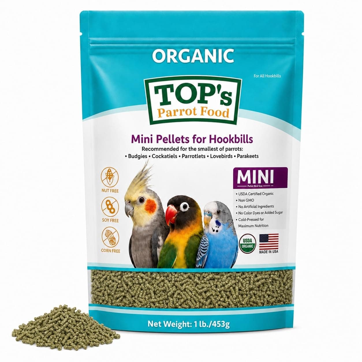 TOP's Parrot Food Mini Pellets Bird Food for Budgies, Cockatiels, Parrotlets, Lovebirds, Parakeets - Non-GMO, Peanut Soy & Corn Free, USDA Organic Certified - 1 lb