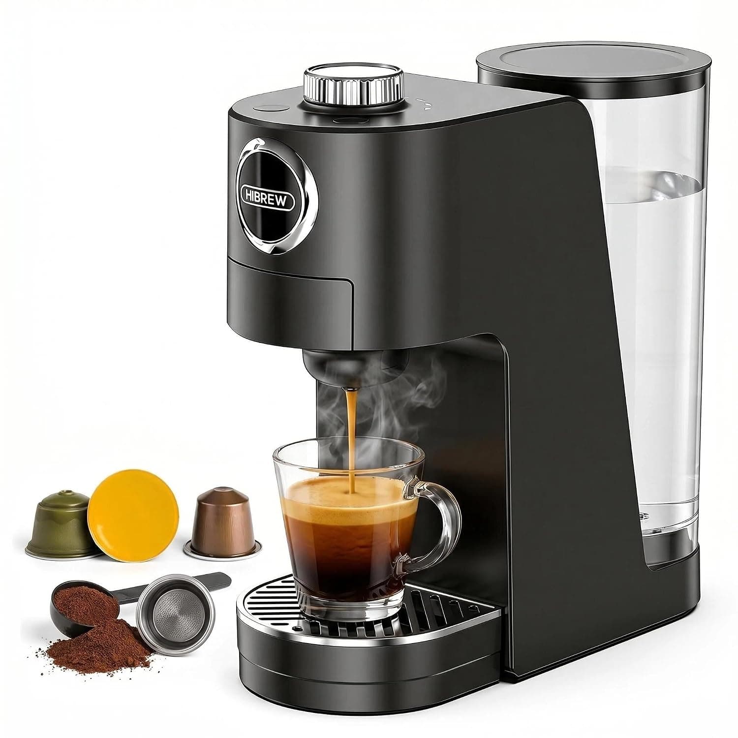 HIBREW H3C 3-in-1 Pod Coffee Machine, 19 Bar Espresso Machine Compatible with NS DG Capsules & Ground Coffee, Compact Single Serve Brewer for Home Office Hotel Use(Black)