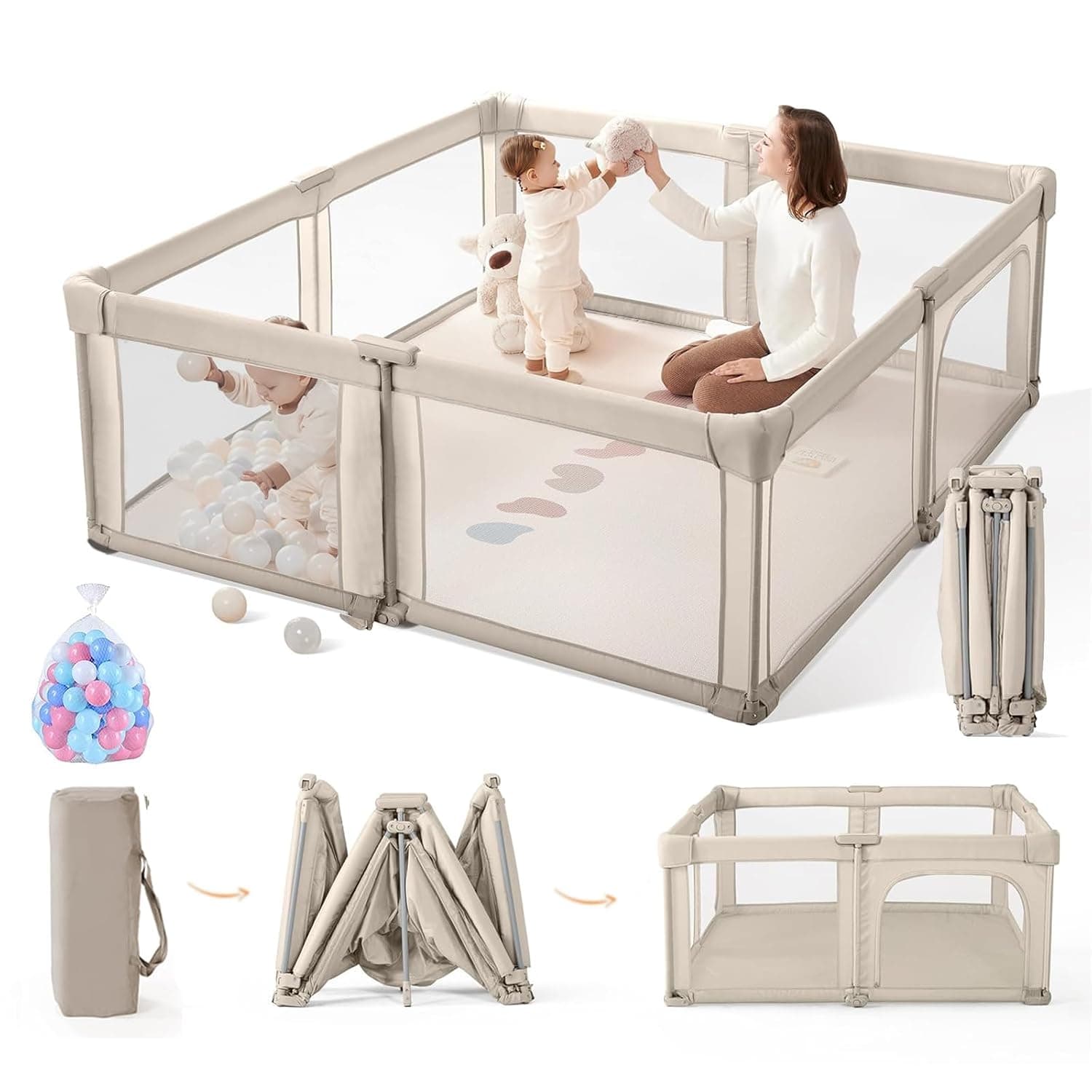 LIODUX Foldable Baby Playpen, 180 x 200CM Kids Play Pen, Quick Setup Baby Fence with Storage Bag & 30 Ocean Balls, Folding Collapsible Children's Playpen for Home (Beige)