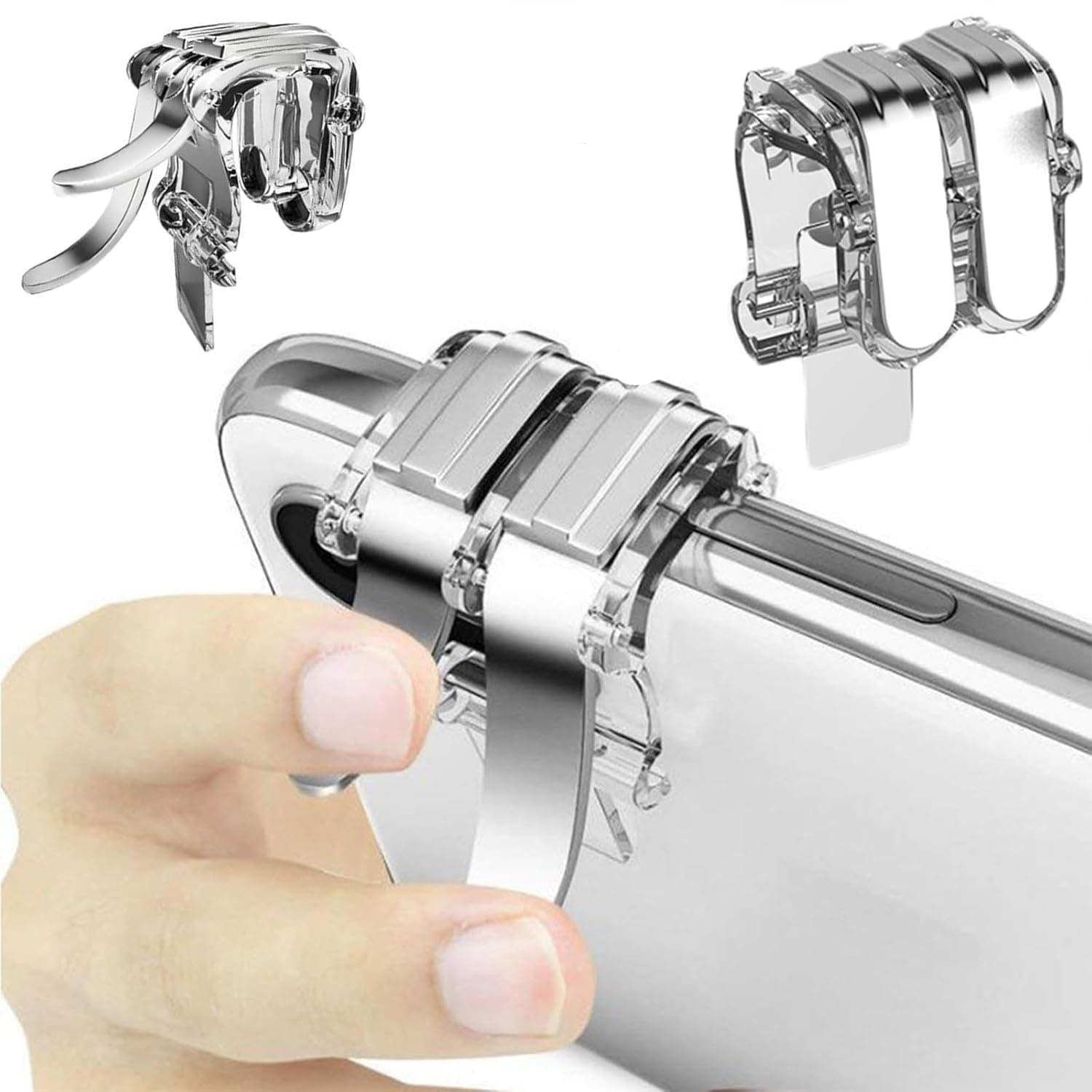 يد تحكم ألعاب من ميزني للموبايل، متوافقة مع الهواتف والتابلت، مع 6 أزرار تحكم للأصابع عالية الحساسية، محمولة ومريحة ومتعددة الاستخدامات، باللون الفضي