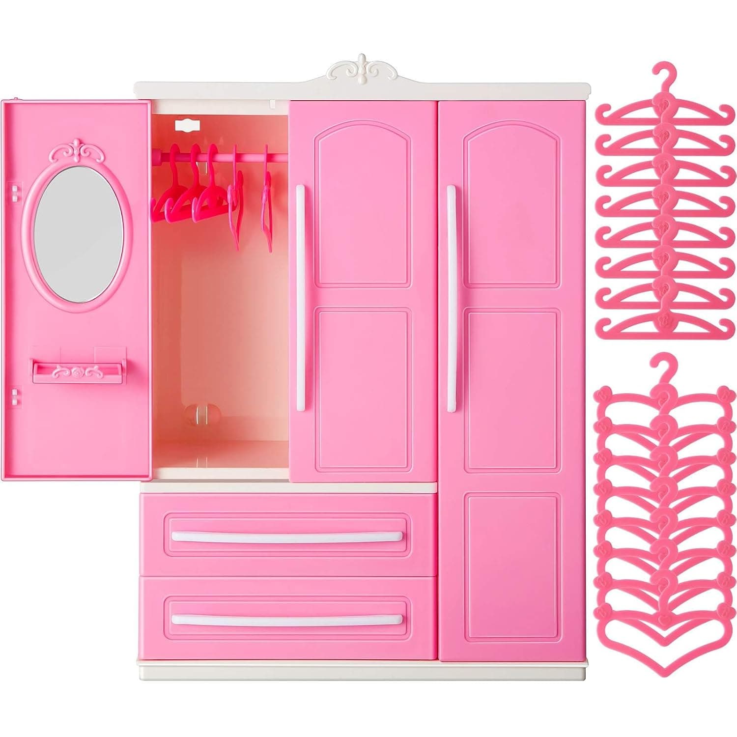 Doll Closet Wardrobe Organizer for Dollhouse Furniture with 20 Pink Plastic Hangers – Classic Style Open Doll Closet, Miniature Toy Storage, Doll Clothes Organizer Playset Accessories