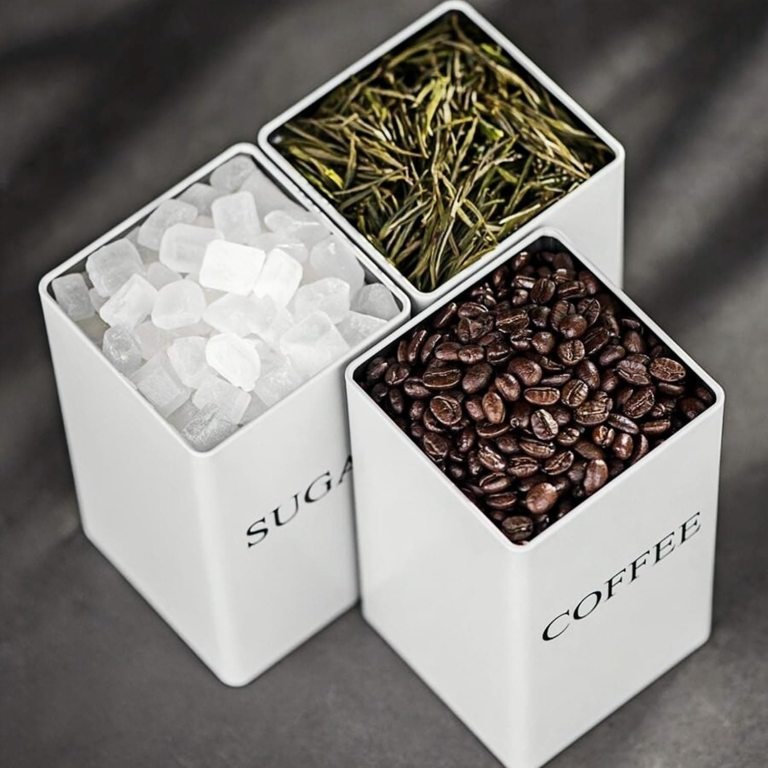 Metal Canister Set with Lids, 3-Piece Airtight Storage Containers for Sugar, Tea & Coffee - Portable Kitchen Organizer for Beans, Granules & Teabags (WHITE)