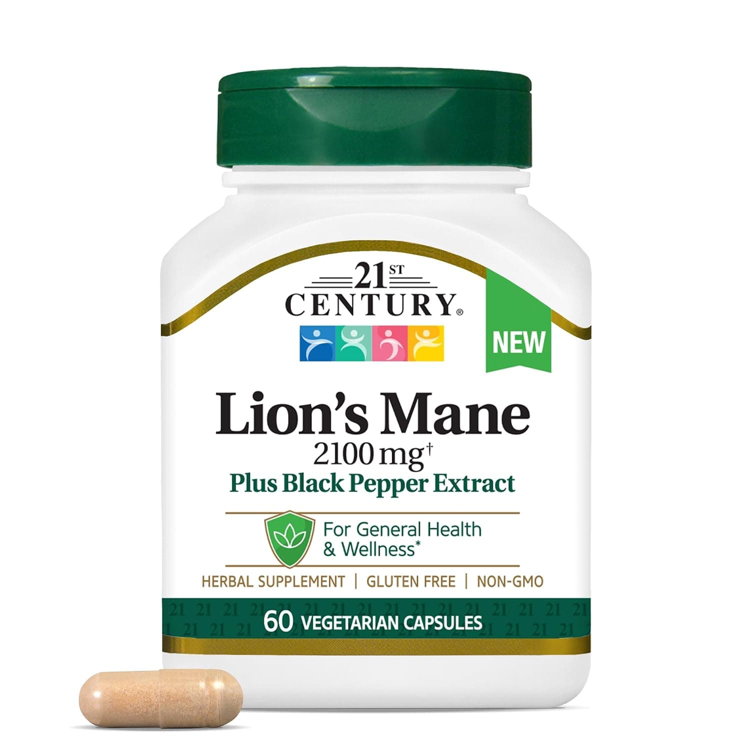 21st Century Lion's Mane 2,100 mg, Plus Black Pepper Extract, Vegetarian Capsules, 60 Count | Lion's Mane Mushroom 2,100 mg with Black Pepper Extract, Cognitive Wellness Support, Enhanced Absorption