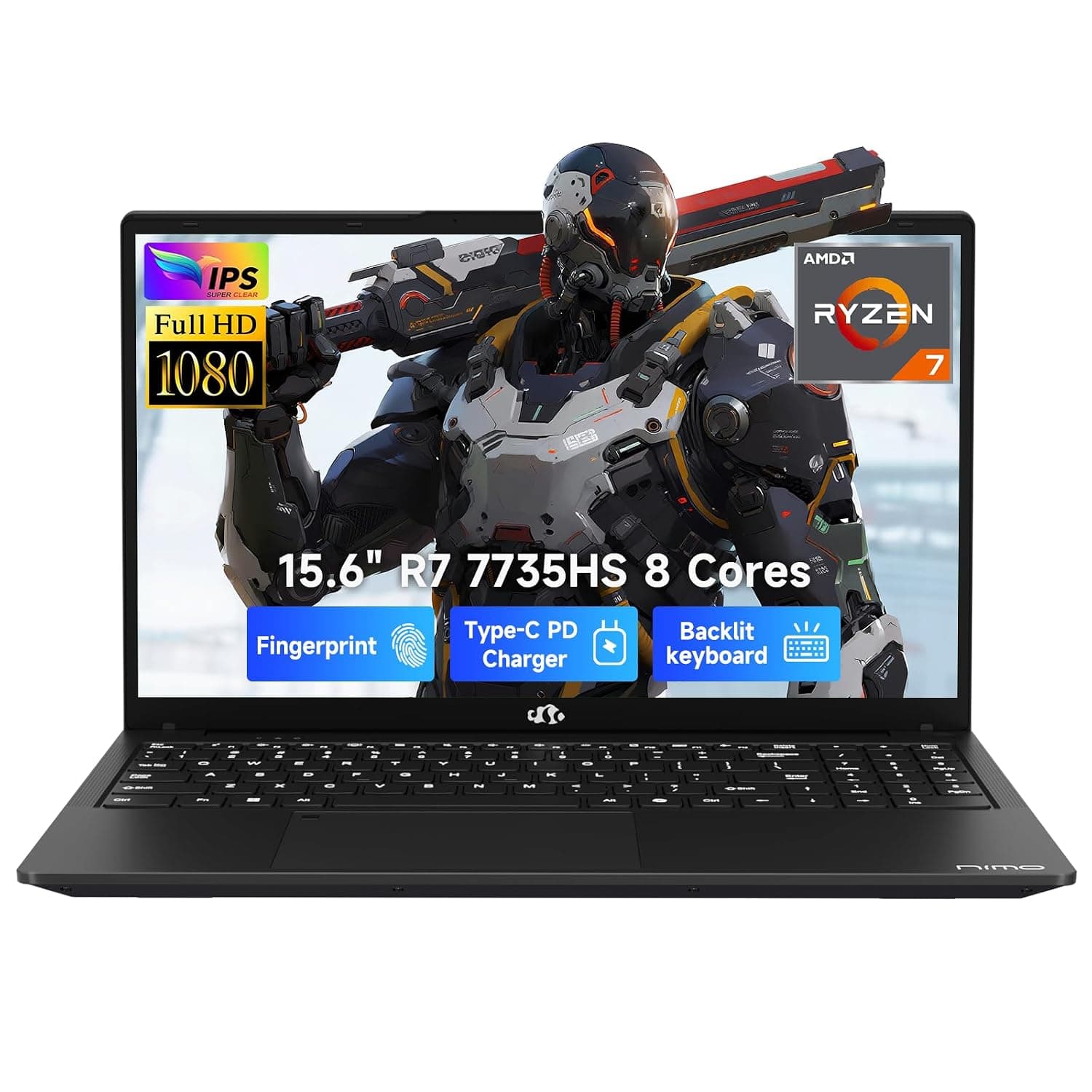 NIMO Gaming Laptop, 15.6" FHD Display, Ryzen 7 7735HS (8C/16T, Up to 4.75GHz) Computer, 32GB DDR5 2TB NVMe SSD, Radeon 680M Graphics, Backlit Keyboard, Fingerprint Unlock, PD 100W Type-C