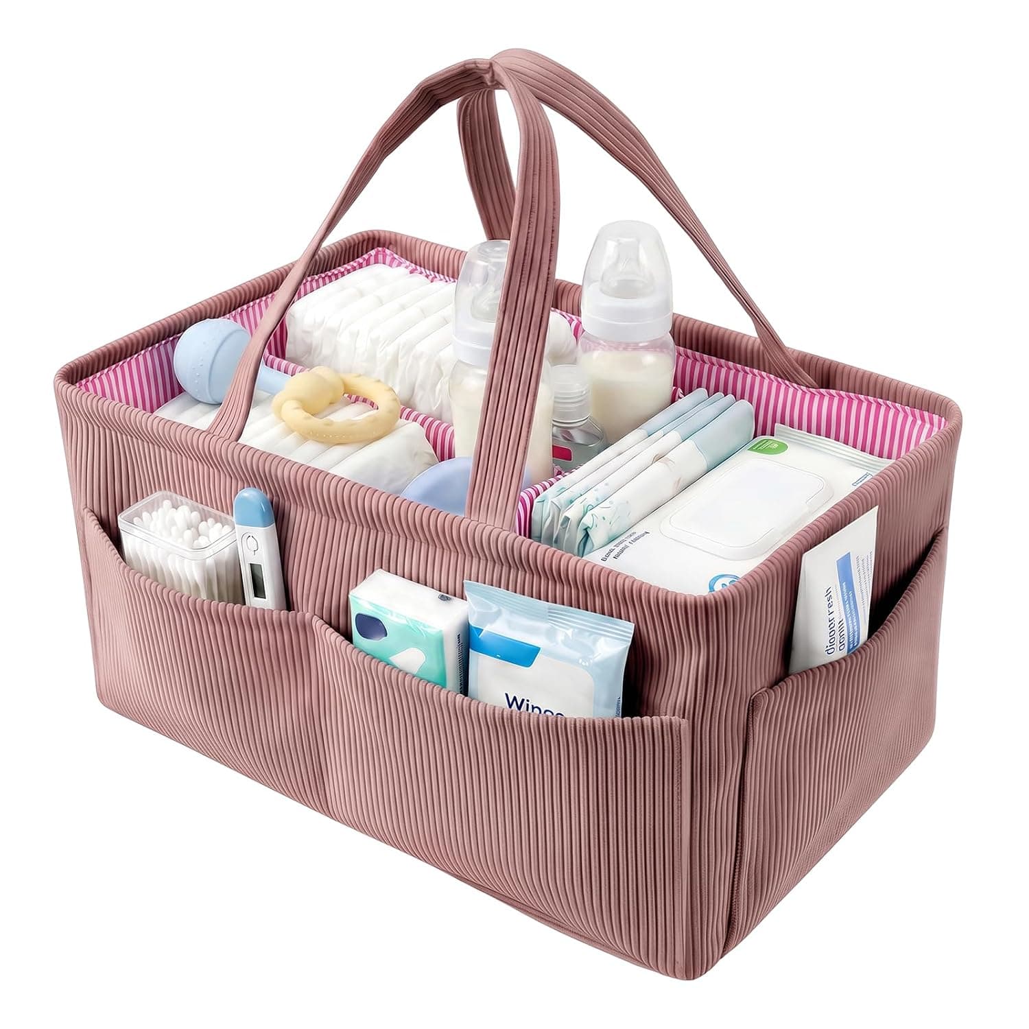 Baby Nappy Caddy Organiser, Portable Nursery Storage Basket with Handle and Detachable Compartments, Newborn Essentials Baby Basket Shower Gifts for Boys Girls(Smoke powder purple)