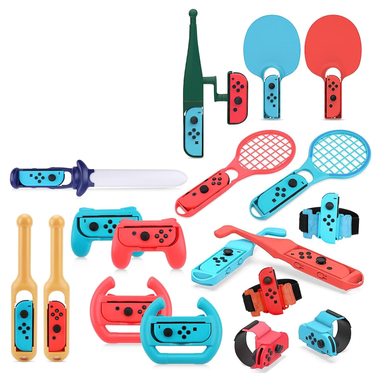 18 in 1 Switch Sport Games Accessories Bundle for Switch Games, Family Bundle Accessory Kit with Tennis Racket Controller Grips Racing Wheel Bandage Golf Club Wheels Drum Stick Fishing Rod
