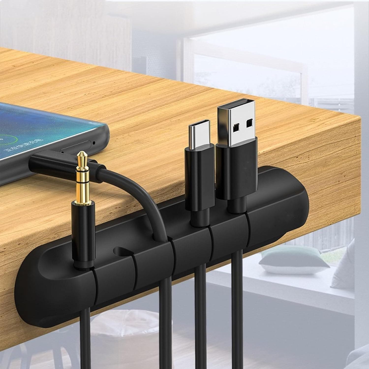 Cable Organizer Clips - 5-Slot Desktop Cord Manager, 4.5" L × 1" W × 0.6" H, Non-Slip Wire Holder for Office, Bedroom Black