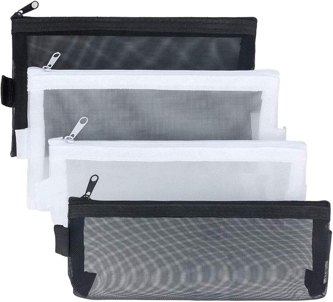 SYOSI Large Capacity Pencil Case for Students and Professionals 4 Pieces Mesh Stationery Organizer Pouch with Zipper Closure for School Supplies Makeup and Travel Accessories Black and White