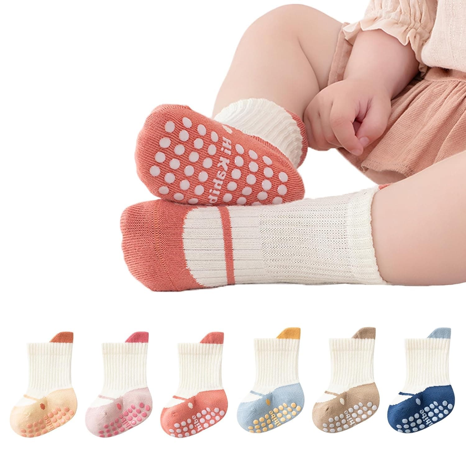 6 Pairs Baby Toddler Non Skid Crew Socks, Non Slip Floor Socks for Boys Girls, Newborn Infant First Walking Socks, Soft Breathable Anti Slip Grips, M Size, for Baby Aged 1–3
