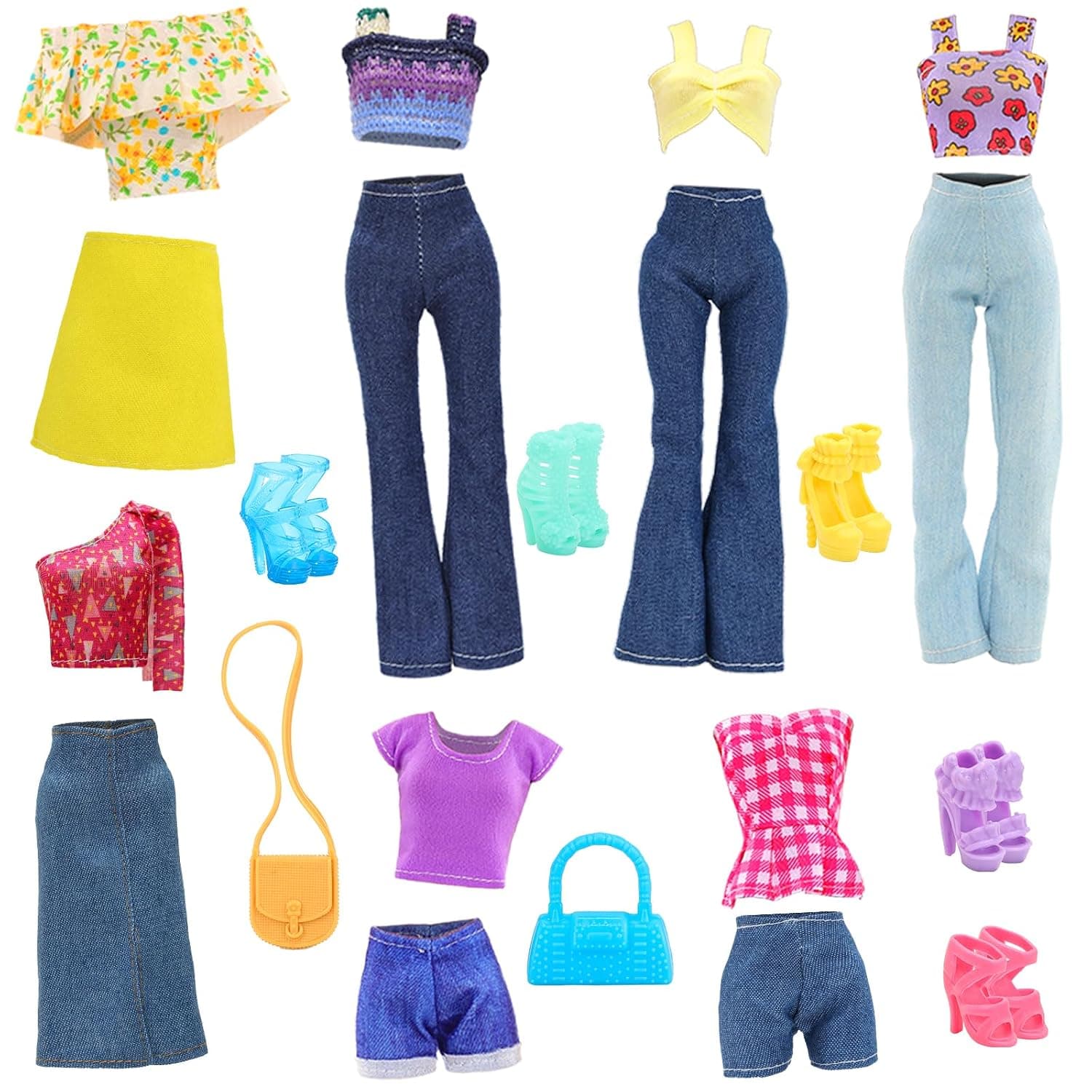 17 Pcs Doll Clothes and Accessories Outfit Picnic Mat for 11.5 Inch Dolls | Including 7 Sets Floral Skirts and Denim Skirts, Casual Tops and Pants, 1 Picnic Mat, 2 Bags, 5 Shoes