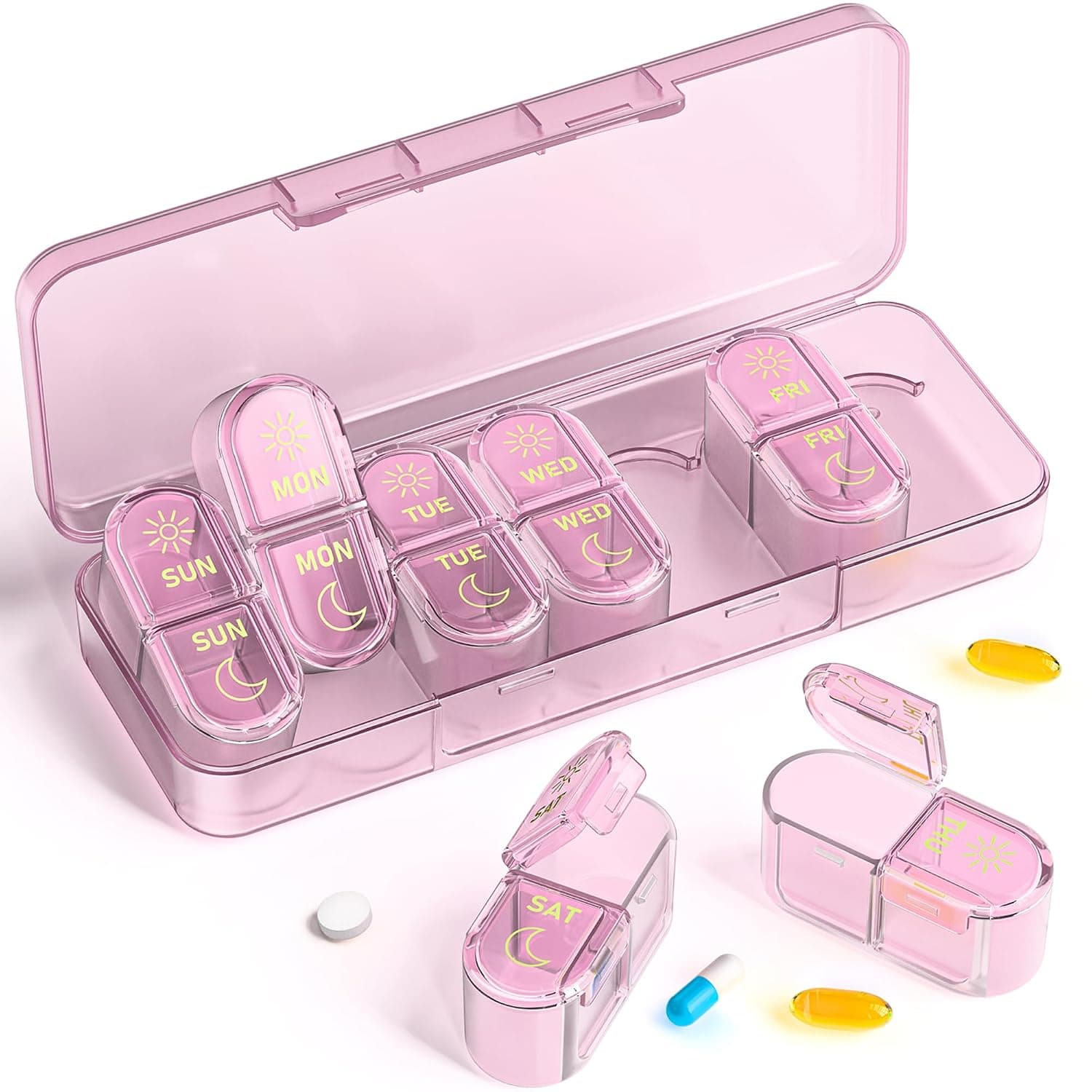 Pillex Weekly Pill Organizer 2 Times a Day, AM PM Pill Box Organizer 7 Day | Portable Travel Medicine Pill Case, Easy Open & Close, Cute, Large Capacity, Practical for Medication, Vitamin, Supplement
