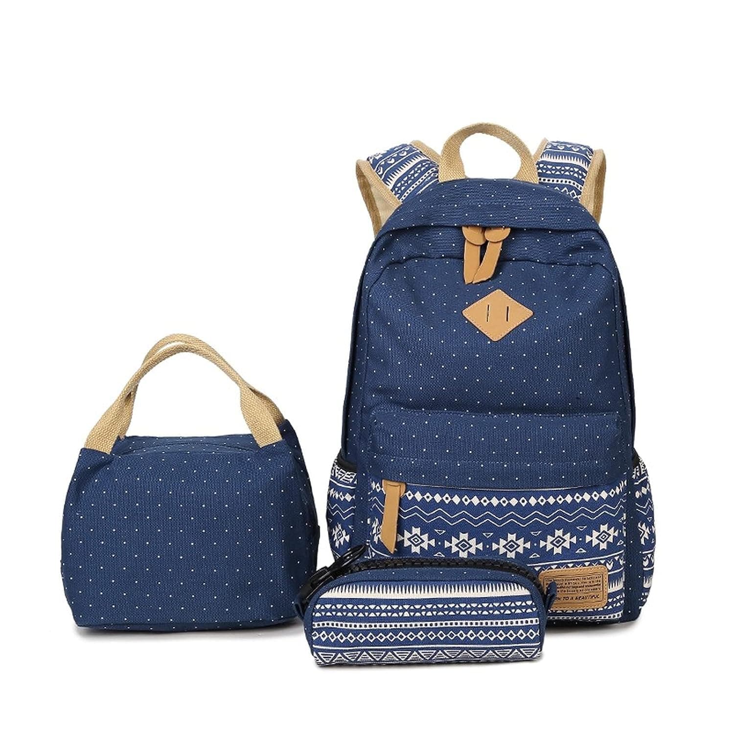 3pcs School Backpack Set Bohemian Book Bag Polka Dot Kawaii Daypack Girl Teen, Cute Insulated Lunch Box Bag Canvas Combo Boho Shoulder Tote Purse Pencil Case, Back to School Supply Outfit (Blue)