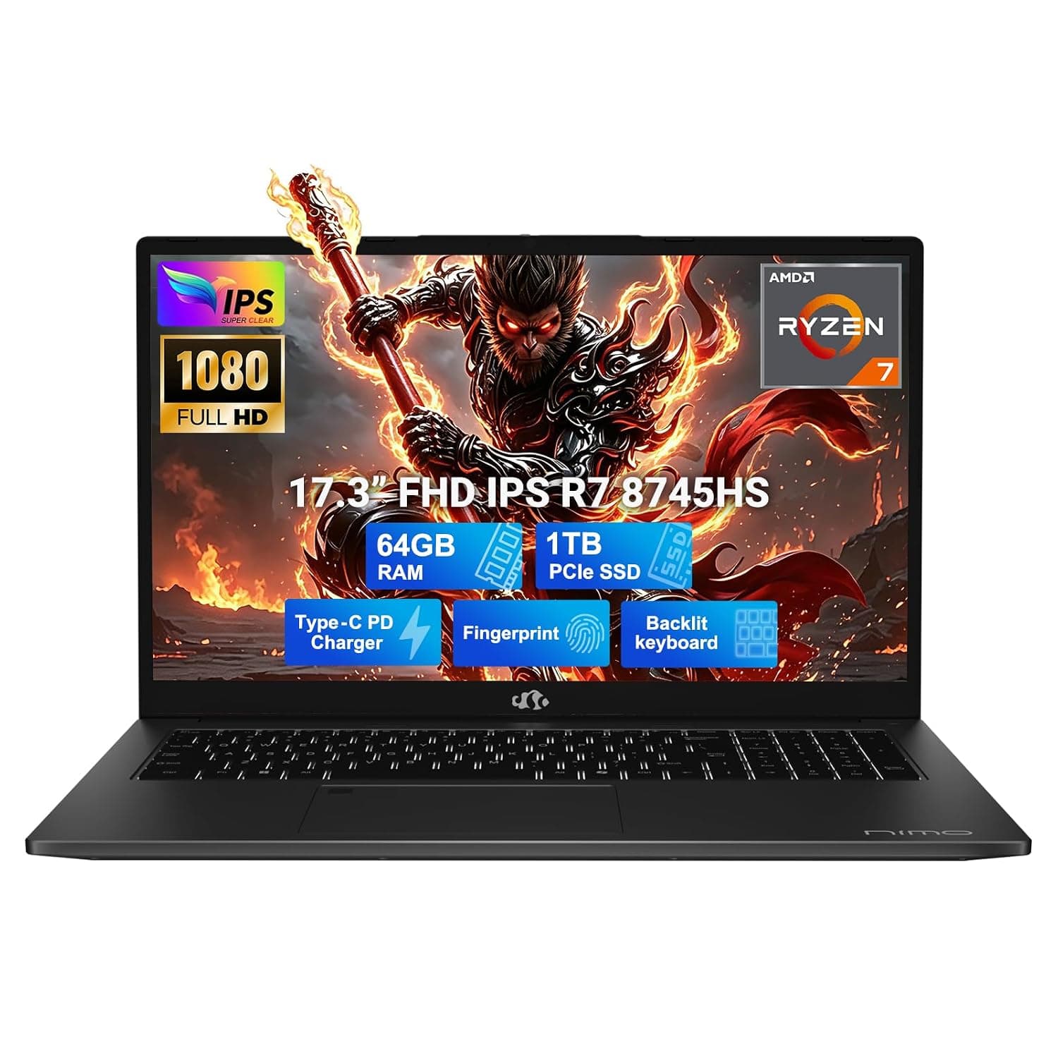 NIMO 17.3" FHD Gaming Laptop, Ryzen 7 8745HS(8C/16T), 64GB RAM 1TB SSD, Radeon 780M Graphics, WiFi 6E Backlit Keyboard Fingerprint, 100W PD Type-C PC, Win 11 Computer for Business Video Creator