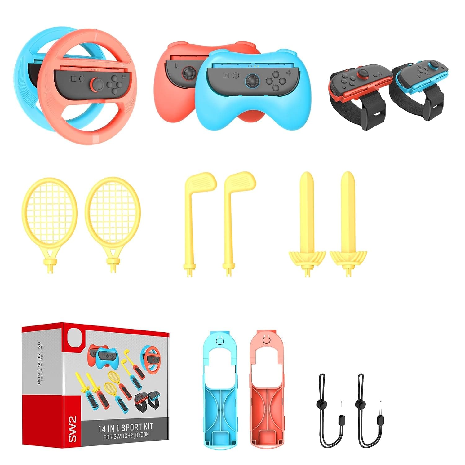 Sports Accessories Bundle for Switch 2(2025) 14 in 1 Sport Games Accessories Kit Family Pack with Tennis Rackets Golf Clubs Chambara Swords Wrist Band Controller Grips Steering Wheels for Joycon