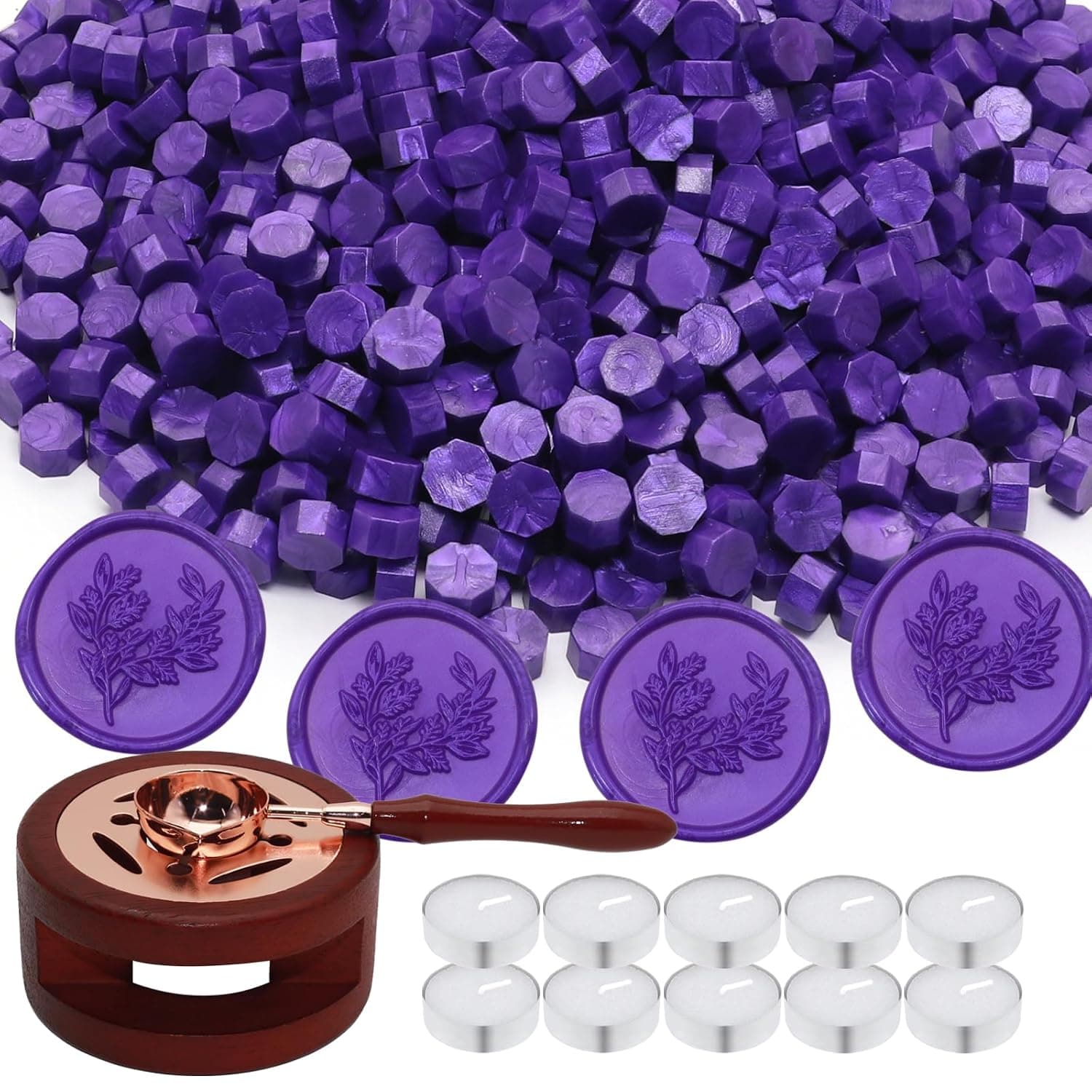 Wax Seal Beads Kit - 300pcs Purple Sealing Wax Beads with Wood Melting Warmer, Spoon & 10 Mini Candles for Stamp Seals, Wedding Invitation, Envelope, Cards, Gift Wrapping Decorations