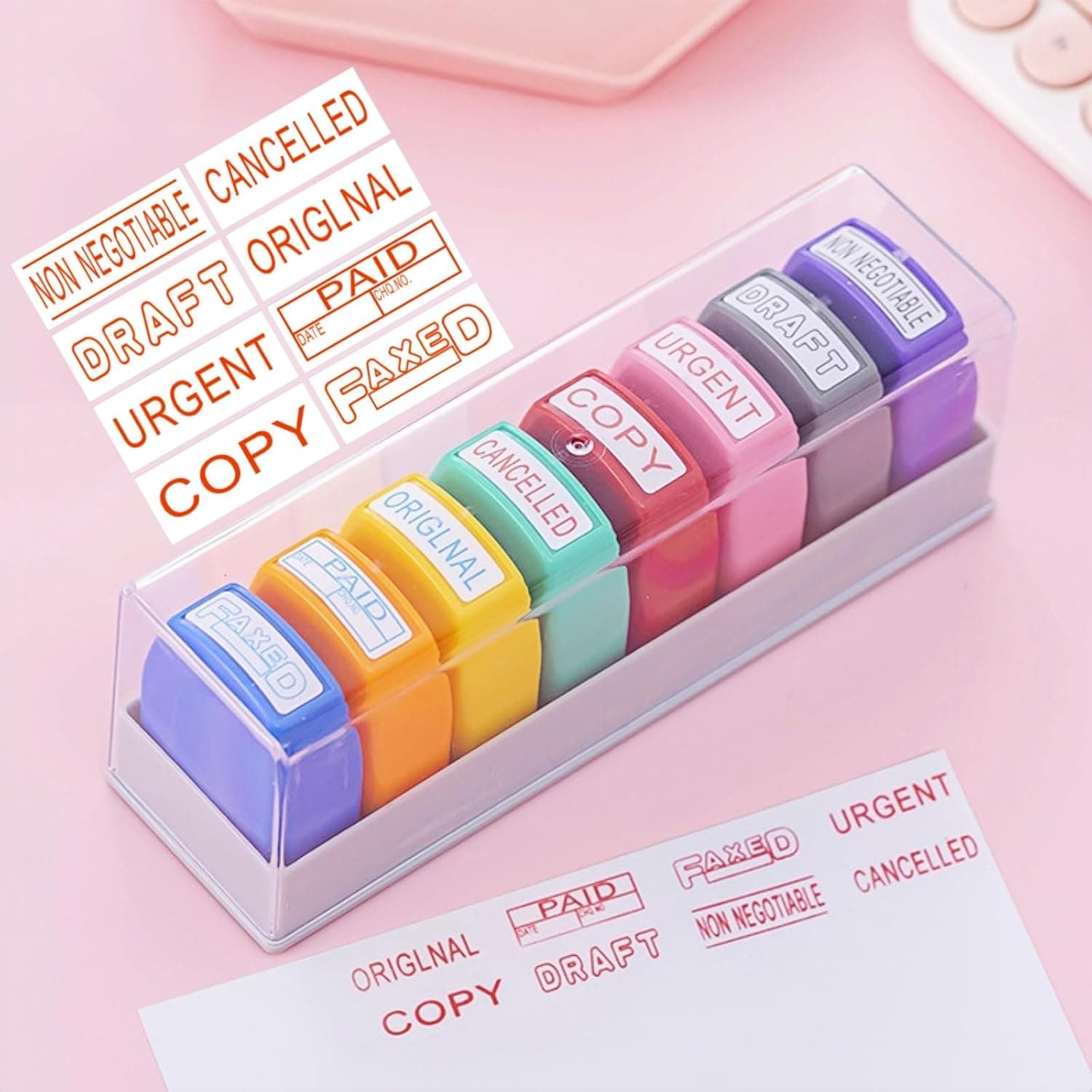 English Work Affairs 8-Piece Stamp Set, Multifunctional Office & Financial Document Stamps for Professional Use, Clean Impressions, Including "ORIGINAL" "COPY" "DRAFT" "CANCELLED" "FAXED" etc.