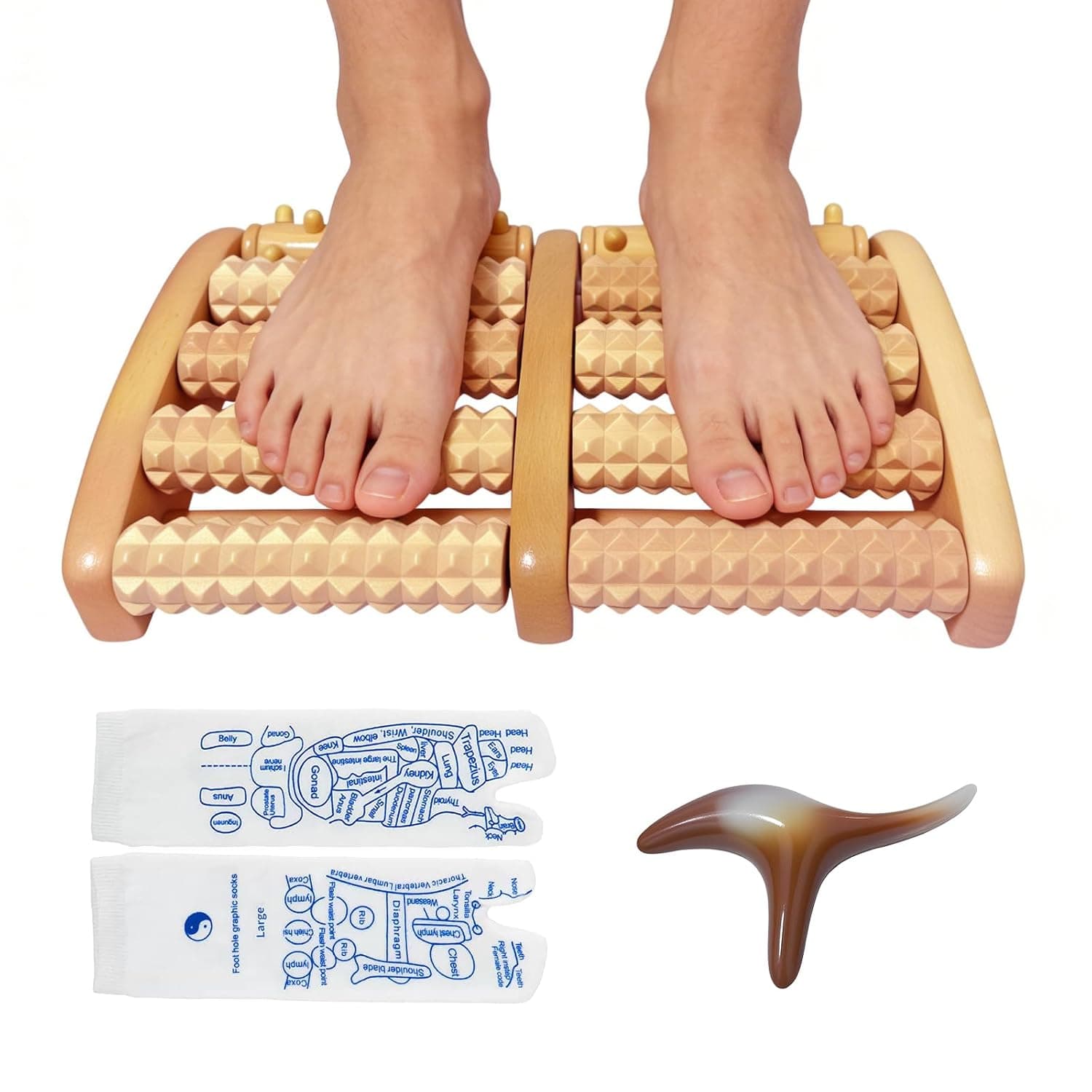 Wooden Foot Massager Set, Foot Massage Roller with 2 Massage Zones, Reflexology Massage Socks & Massage Tool - Foot Massage & Blood Circulation, Heel Spurs & Relaxation