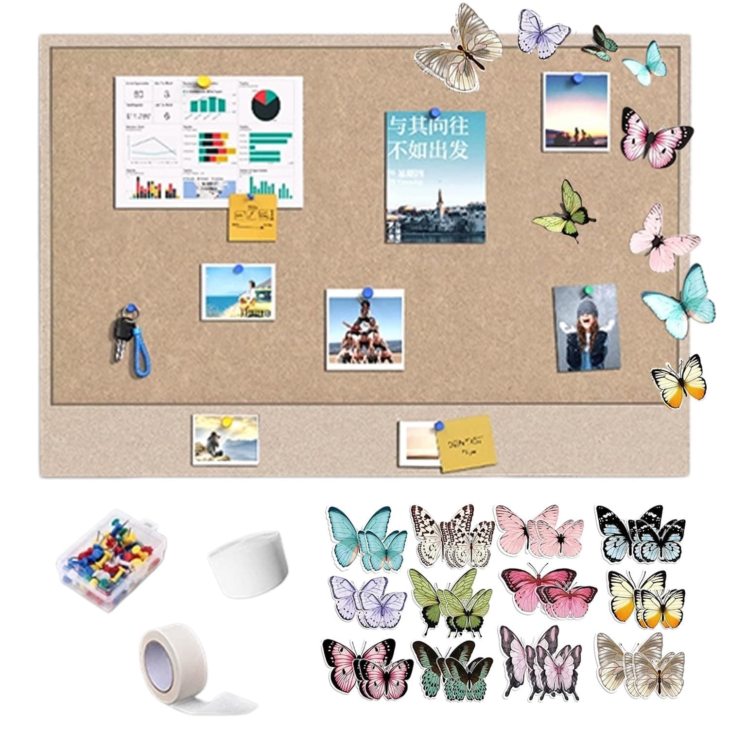 Felt Bulletin Board, 60 * 80cm Decorative Felt Pin Board, Vision Board Cork Board Alternative for Wall, Foldable Photo Board with 20 Pushpins, 36 Butterfly Decorations, for Office Home and School