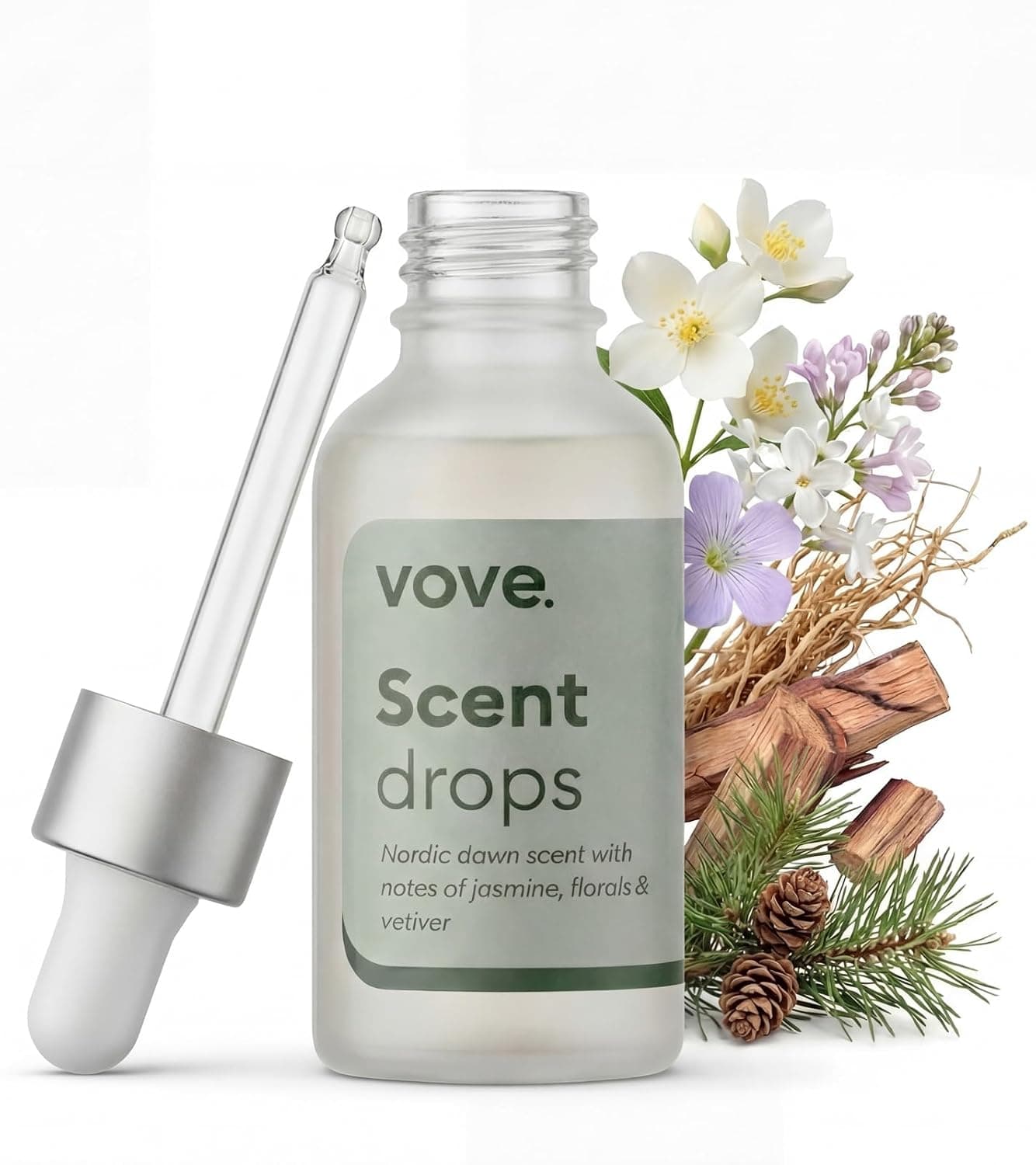 Vove Nordic Dawn Scent Drops – Jasmine & Vetiver Laundry Scent Oil Glass Dropper, Scent Booster, For Tumble Dryer Balls, Hypoallergenic, Biodegradable Musk, FSC-Certified Packaging