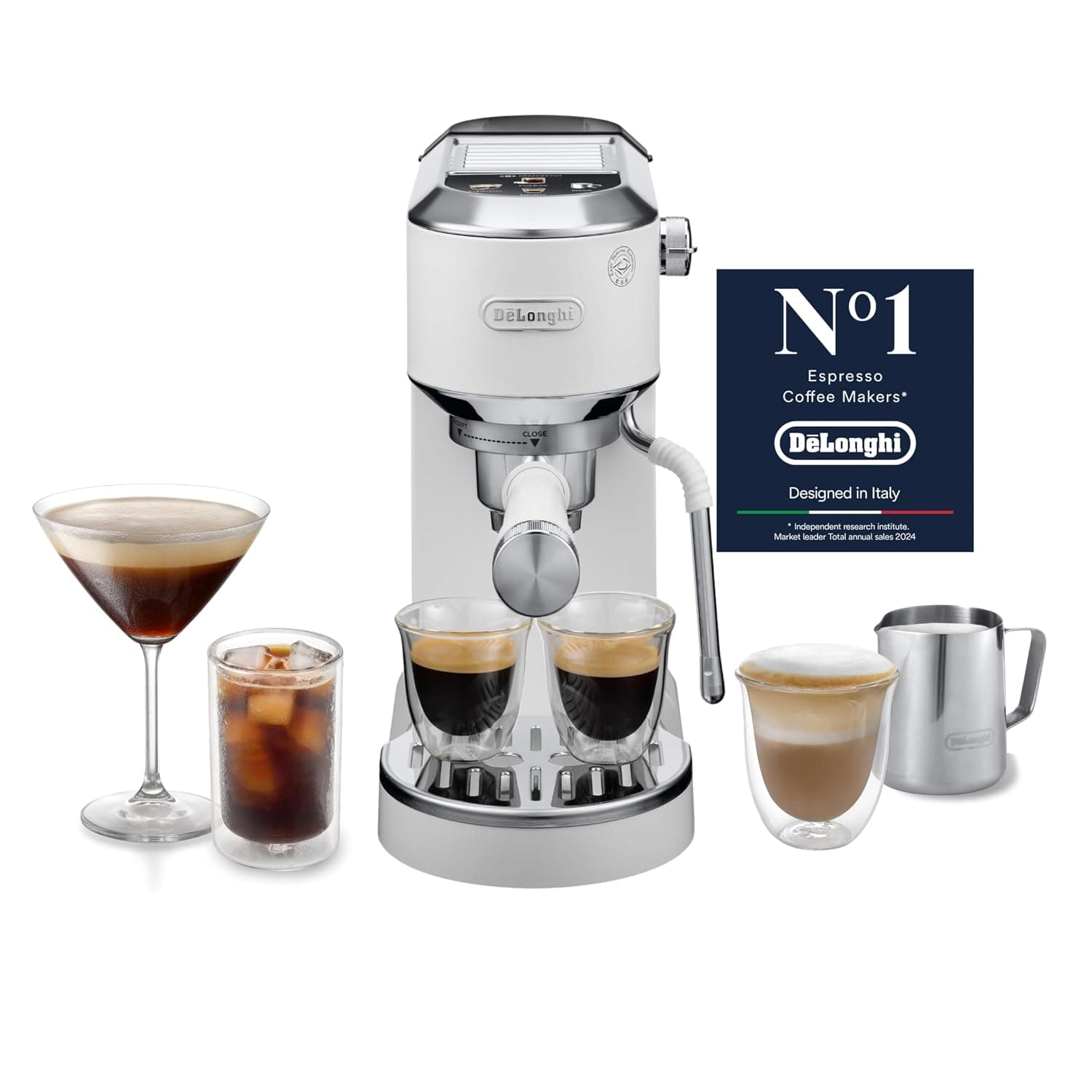 De'Longhi Dedica Duo, Barista Coffee Machine with Pump, Espresso and Cold Brew, Manual Coffee Machine with LatteArt Steam Rod, 15 cm Wide, 2 Espresso, Touch Screen, Cup up to 13 cm, EC890.WI, White