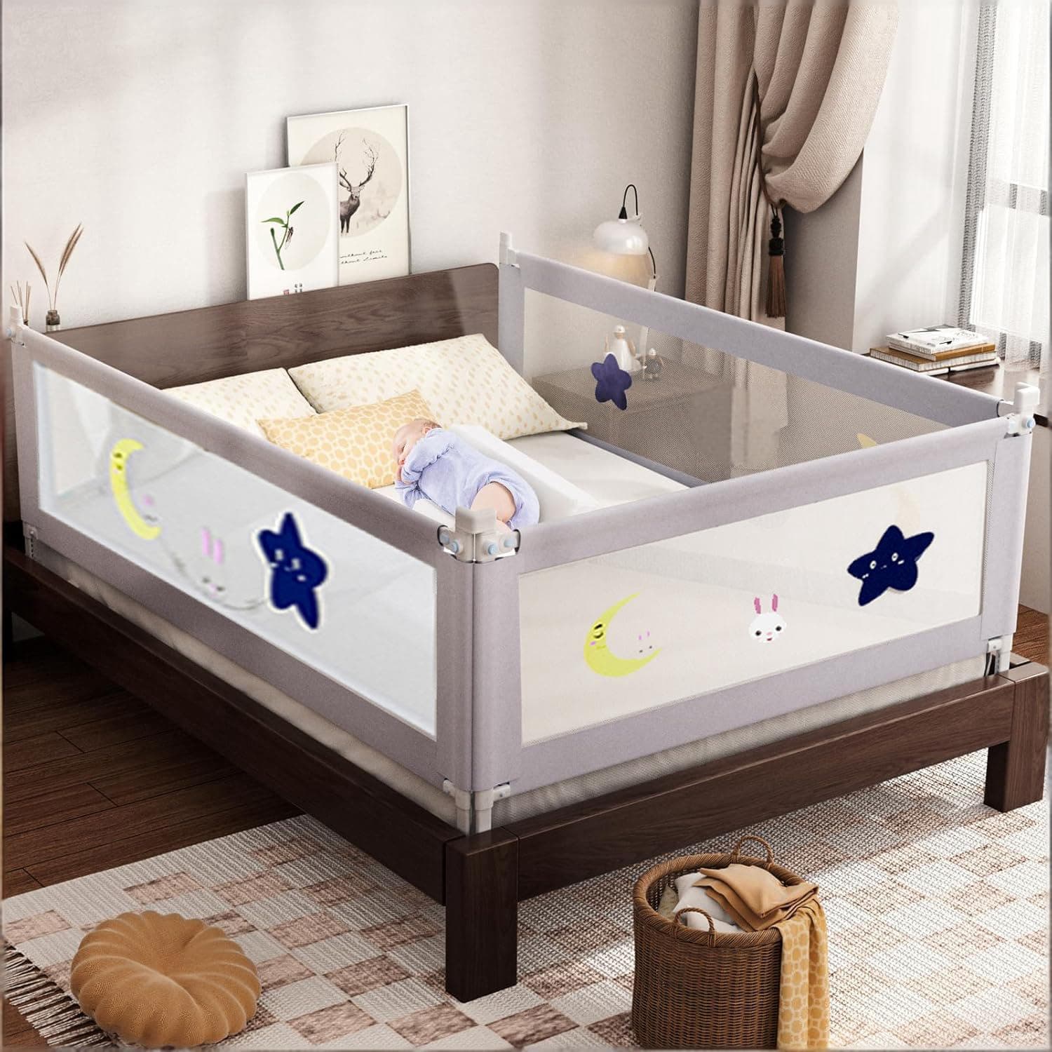 Gogoya Baby Bed Rail Guard for Toddlers,Toddler Bed Side Rails for Twin, Full, Queen Bunk Size Bed Swing Down Bedrail Extral Tall Child Safety Side Railing Guards for Kids (Grey, 1.5m-1Side)