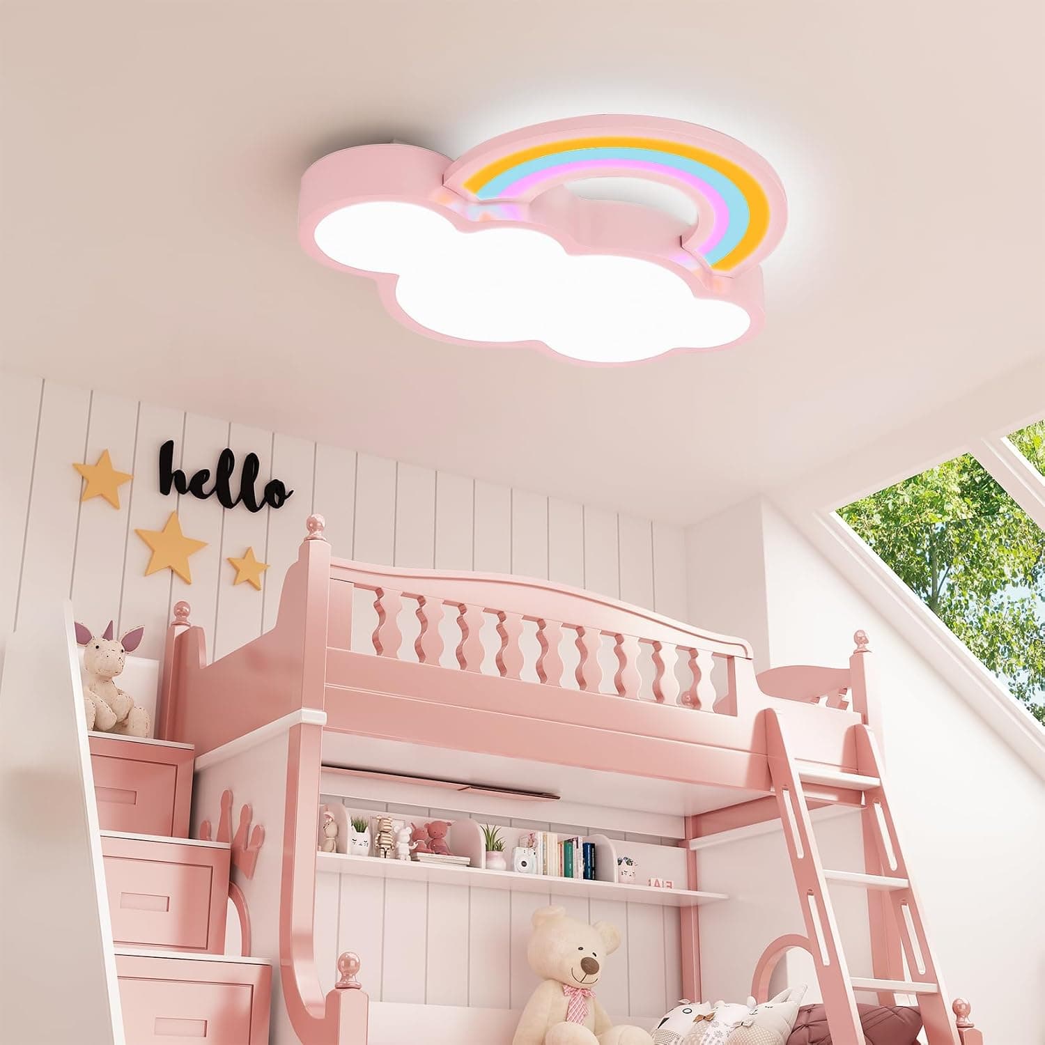 Cloud Ceiling Light for Kids Bedroom Pink Cartoon LED Flush Mount Ceiling Fixture with Rainbow Design, 3 Color Temperatures 2700K-6500K, Soft Glow Lamp for Nursery, Girls, Boys